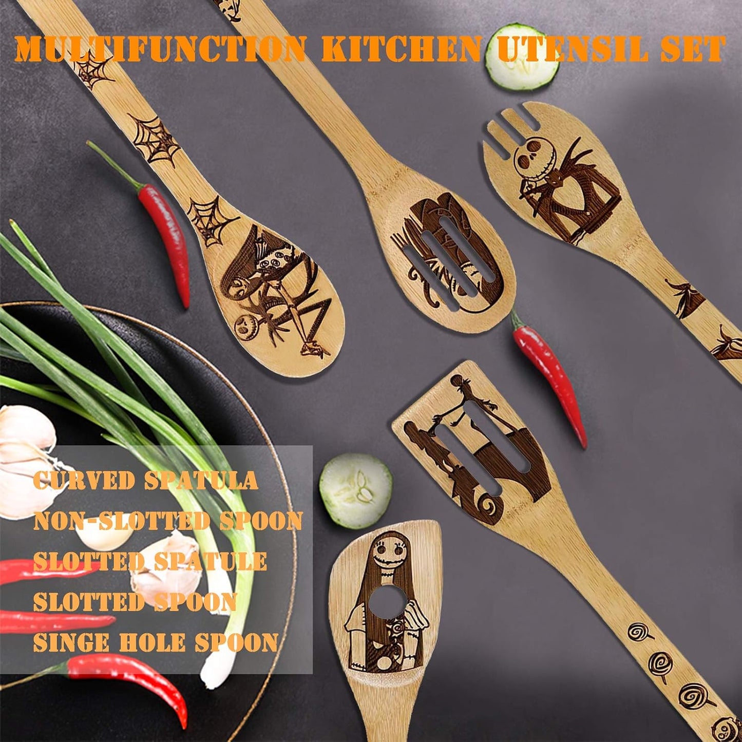 Nightmare Before Christmas Themed Wooden Cooking Spoons Set - 5-Piece Halloween Kitchen Utensils Collection