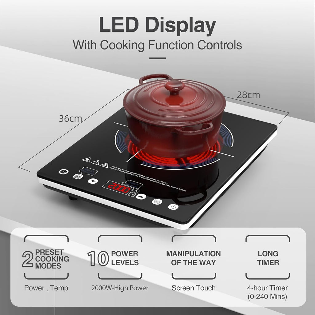 Portable Ceramic Hob 2000W, Pulg in Electric Ceramic Hob, Single Electric Hob with 4-Hour Timer, 10 Power Levels, Safety Lock & Sensor Touch, Residual Heat Remind, 220V-240V