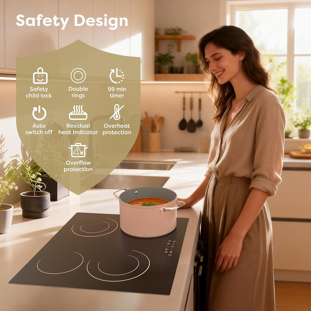 24 Inch Electric Cooktop 4 Burners 6600W Dual Heating Ring | Built-In Ceramic Radiant Stove Top, 220-240V Hard Wire (No Plug), Touch Control, Child Lock & Multiple Safety Protection