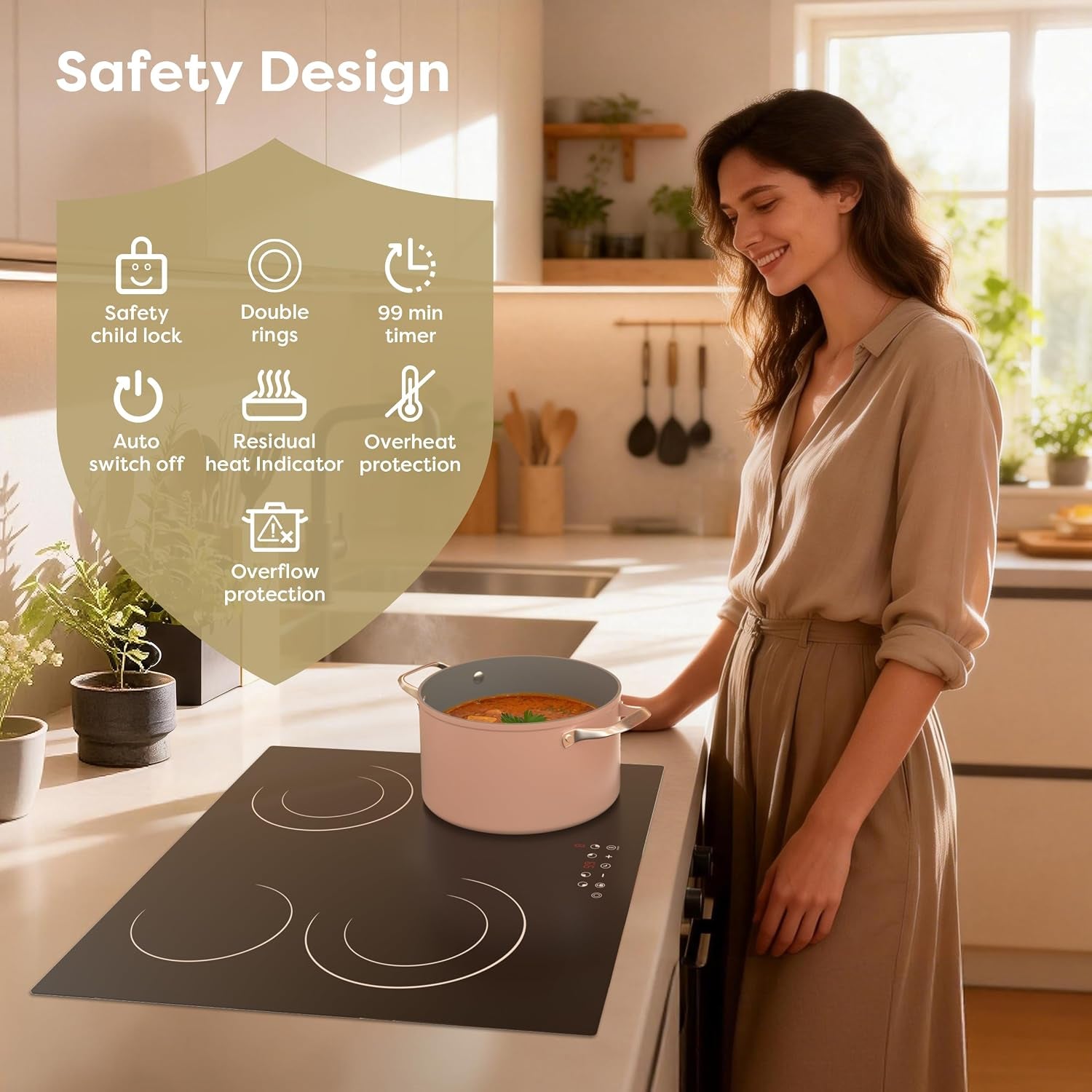 24 Inch Electric Cooktop 4 Burners 6600W Dual Heating Ring | Built-In Ceramic Radiant Stove Top, 220-240V Hard Wire (No Plug), Touch Control, Child Lock & Multiple Safety Protection