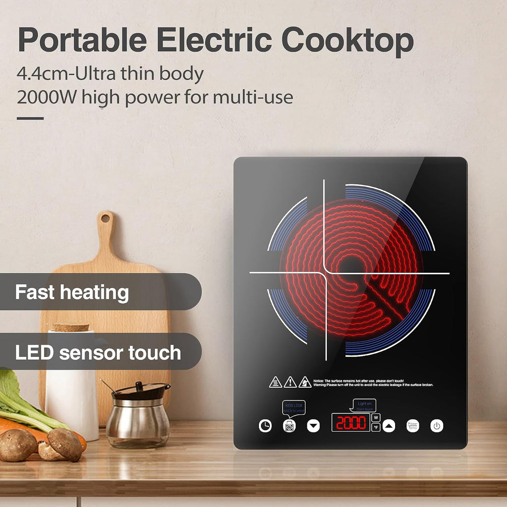 Portable Ceramic Hob 2000W, Pulg in Electric Ceramic Hob, Single Electric Hob with 4-Hour Timer, 10 Power Levels, Safety Lock & Sensor Touch, Residual Heat Remind, 220V-240V