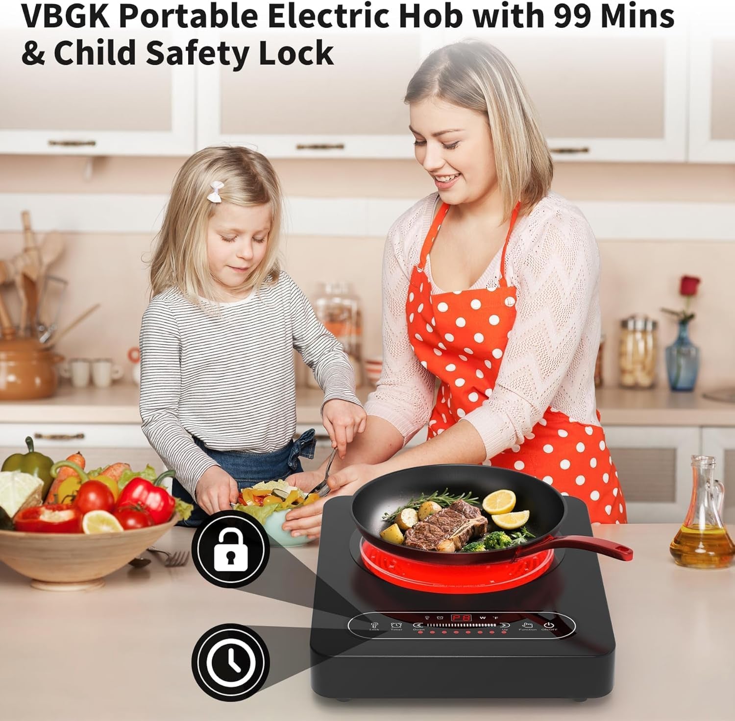 Portable Ceramic Hob, Pulg in Electric Hob, Portable Electric Hob with Digital LED Touch Controls, 8 Power Levels up to 2000W, 99 Mins Timer, 220-240V Cooktops with Plug