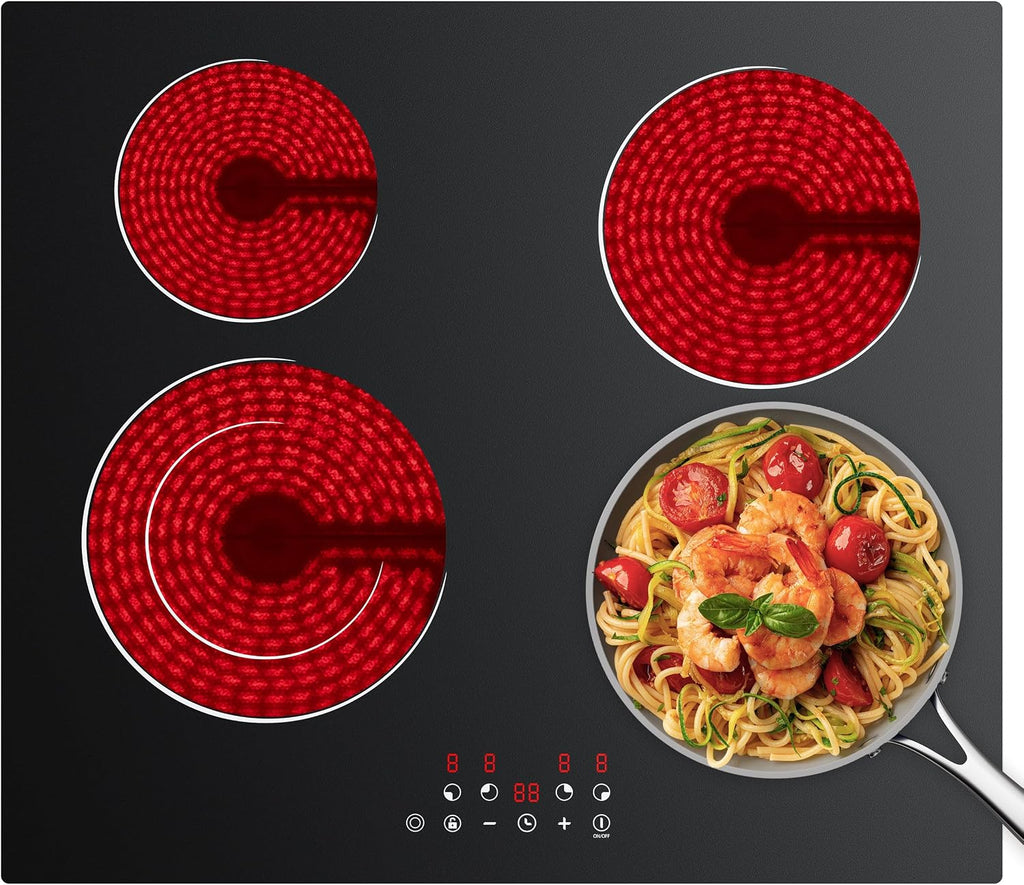 24 Inch Electric Cooktop 4 Burners 6400W Dual Heating Ring | Built-In Ceramic Radiant Stove Top with 9 Heat Levels & 99Min Timer, 220-240V Hard Wire (No Plug), Touch Control, Child Lock