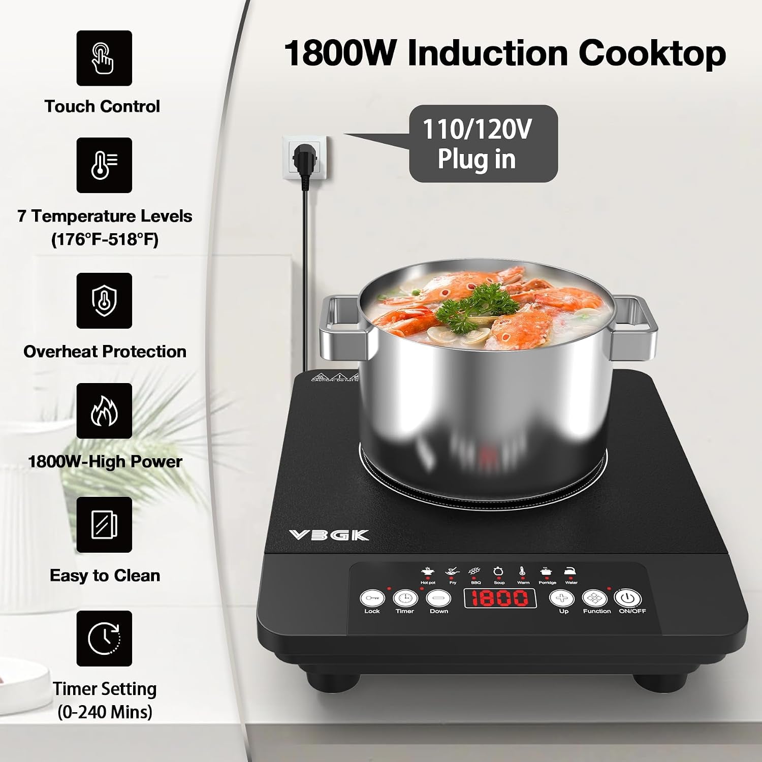 Portable Induction Cooktop,110V Single Burner Induction Stove Top,1800W Induction Hot Plate Electric Burner,7 Power Levels, Kids Lock & Timer,Led Touch Control,Overheat Protection