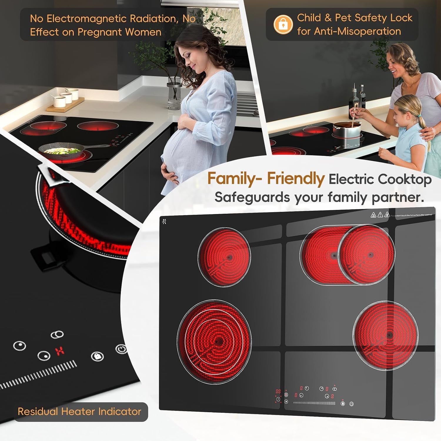 30 Inch Electric Cooktop 4 Burner Built-In Stove Touch Control, Hard Wire | 7200W Radiant Electric Stove, Ceramic Glass, 9 Level Power, 99 Min Timer, Safety Lock, 220-240V, for Family Party, Festival