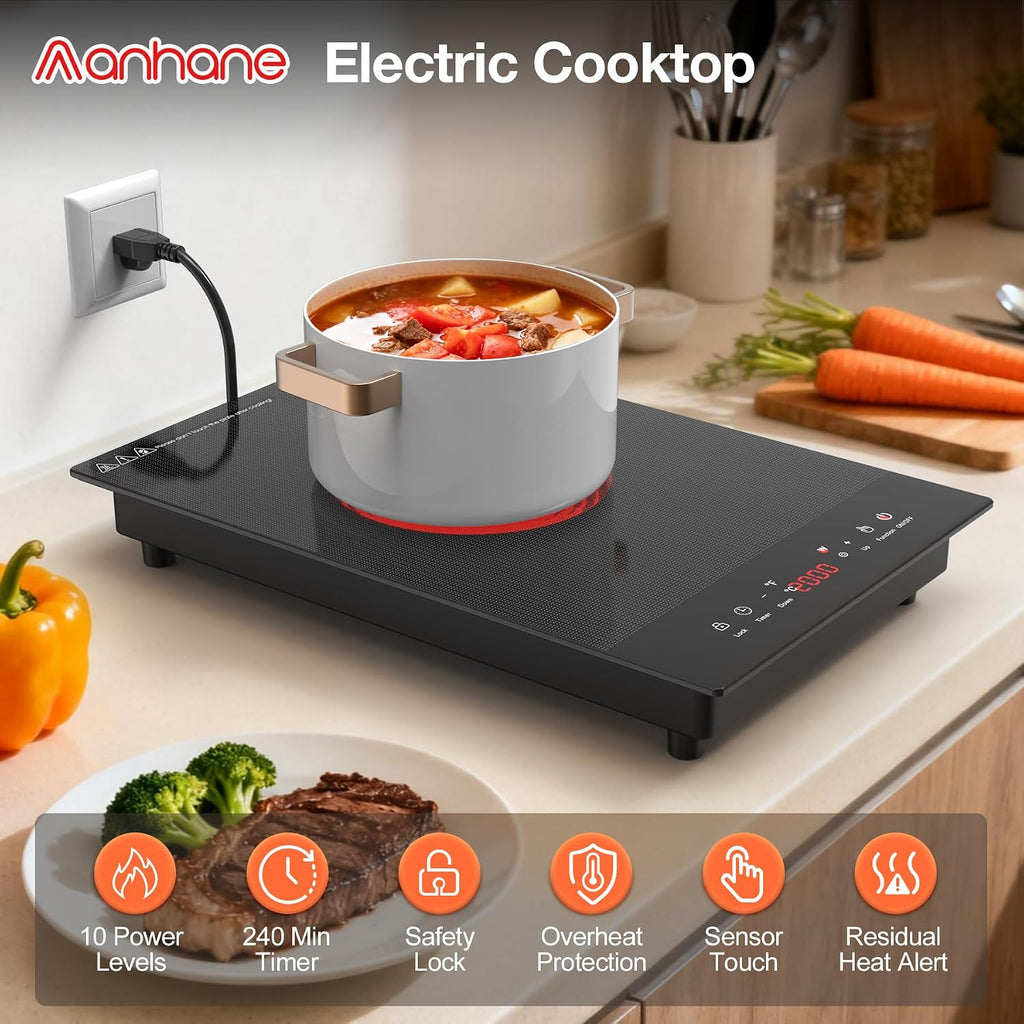 Electric Cooktop,  1800W Portable Stove Top, 12" Infrared Single Burner Hot Plate for Cooking, Countertop Ceramic Radiant Cooker with Timer & Child Lock, All Cookware Compatible for Rv/Dorm