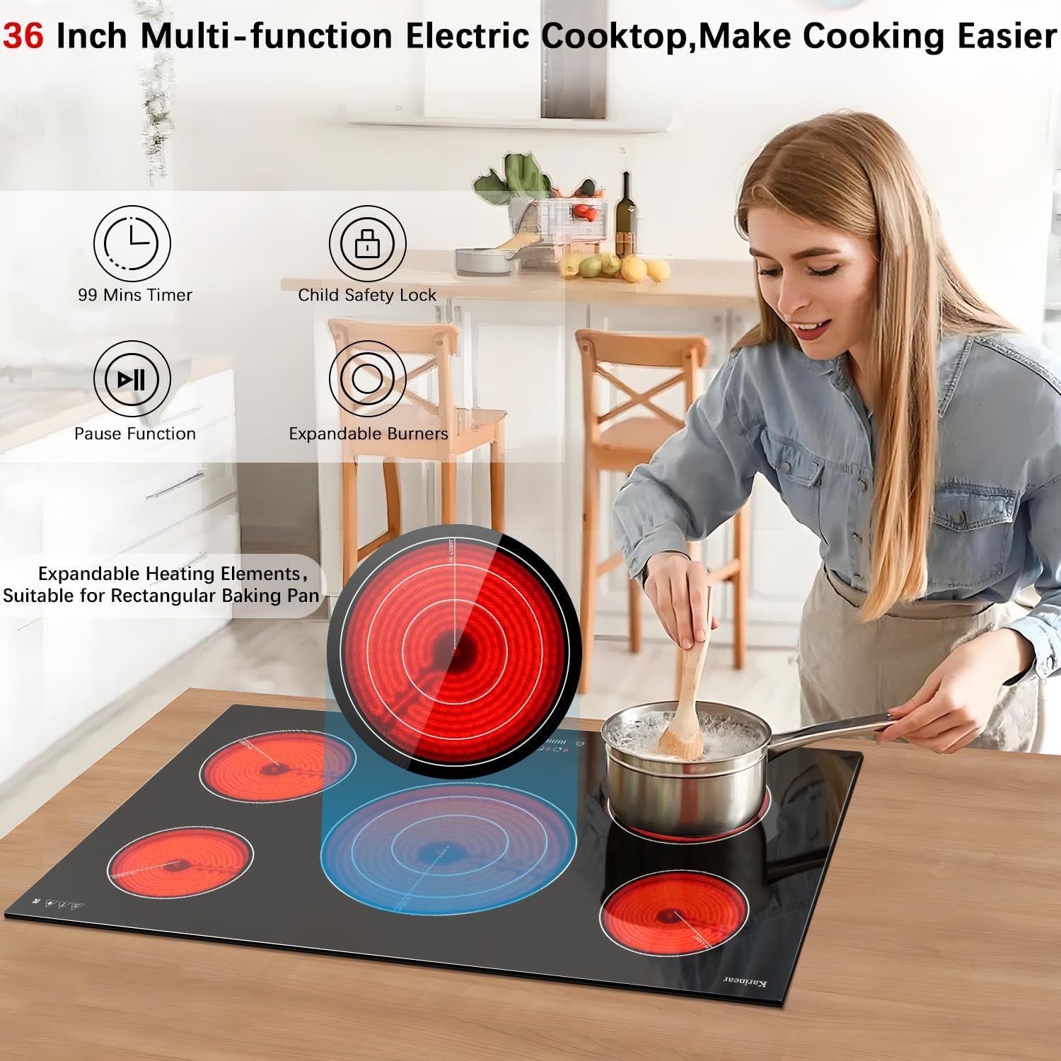 36 Inch Electric Cooktop, 5 Burners Electric Stove Top, Drop-In | Built-In Glass Radiant Ceramic Cooktop, Expandable Zones, Lock, Timer, Pause,9200W 220~240V Hardwire, No Plug, Sensor Touch
