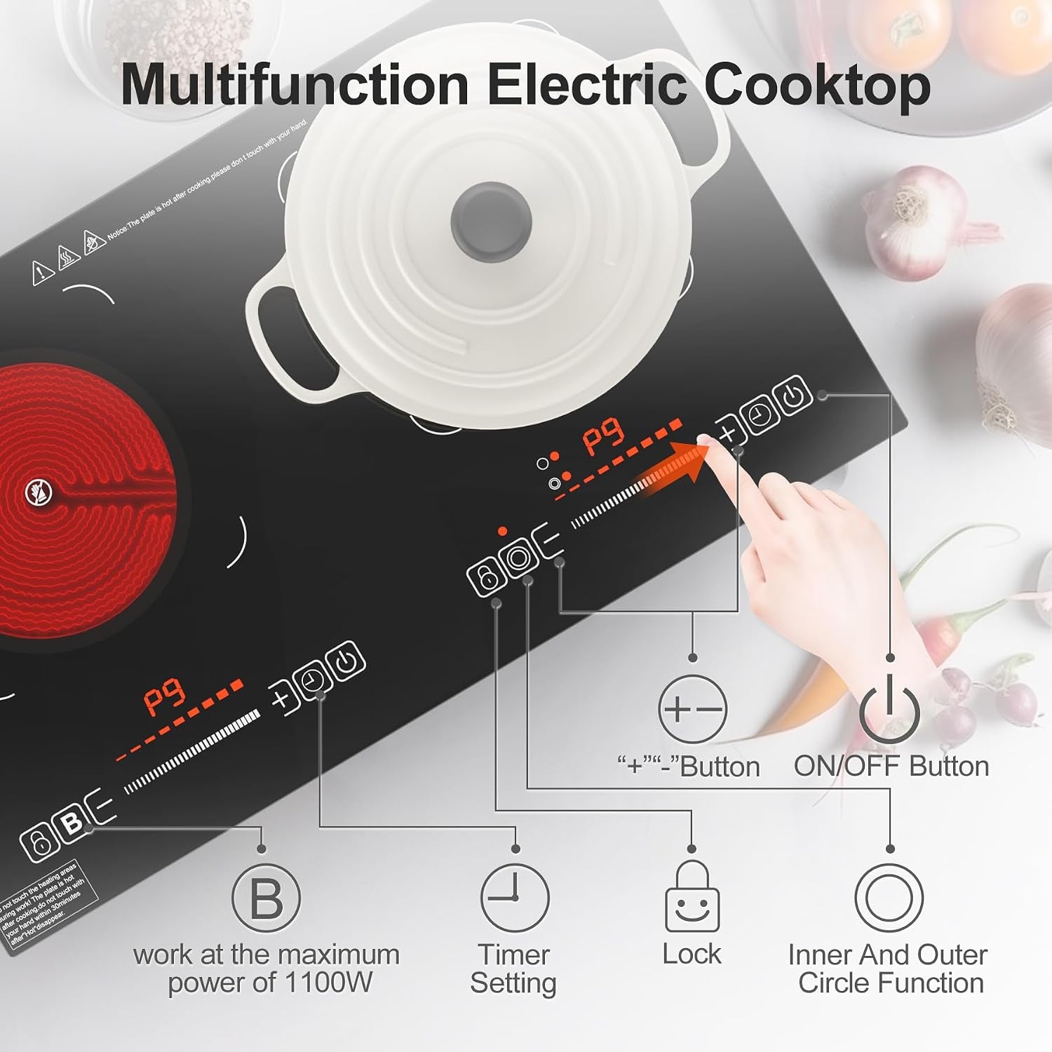 Electric Cooktop,110V 2400W,Countertop and Built-In Electric Stove Top,2 Burner Induction Cooktop With11 Power Levels,Child Safety Lock, Timer, LED Touch Control,Overheat Protection