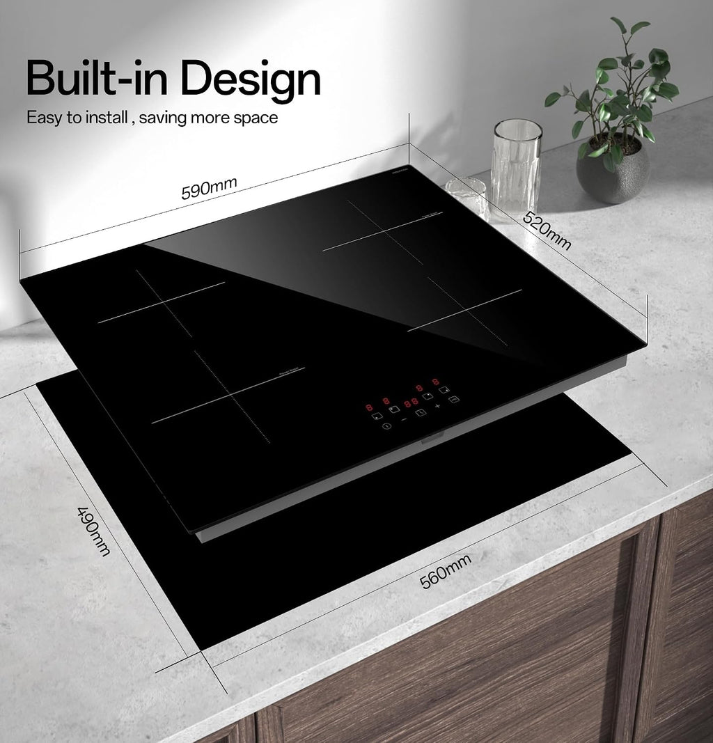 60Cm Built-In Induction Hob 4 Burners Ceramic with Boost & Timer | 9 Power Levels, 99Min Timer with Auto-Off, Child Lock, Residual Heat Indicator, Hardwired, Plug Not Included