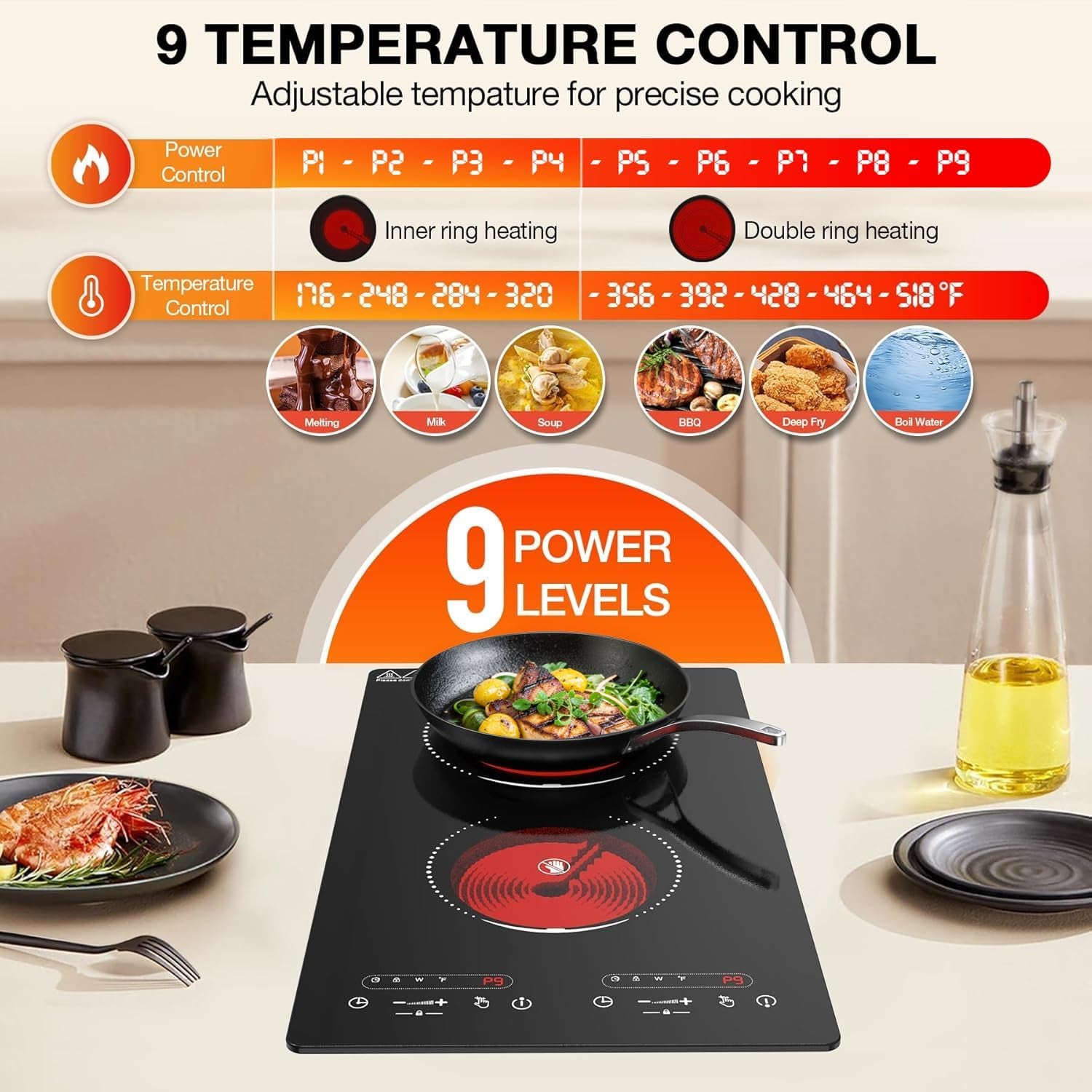 Double Ceramic Hob 3000W, Plug in 2 Ring Electric Hob with LCD Touch Control, Electric Cooktop with Safety Lock & Timer, 9 Power Levels, Built-In and Countertop 220V-240V