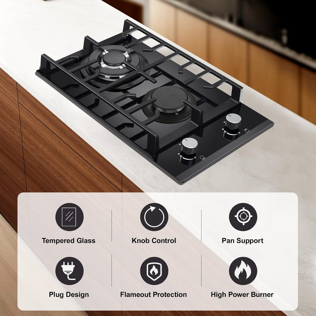 Gas Hob 2 Burners, 30Cm Built in 2 Burners Gas on Glass Hob, NG/LPG Convertible, Flame Out Protection, Cast Iron Supports, 5200W