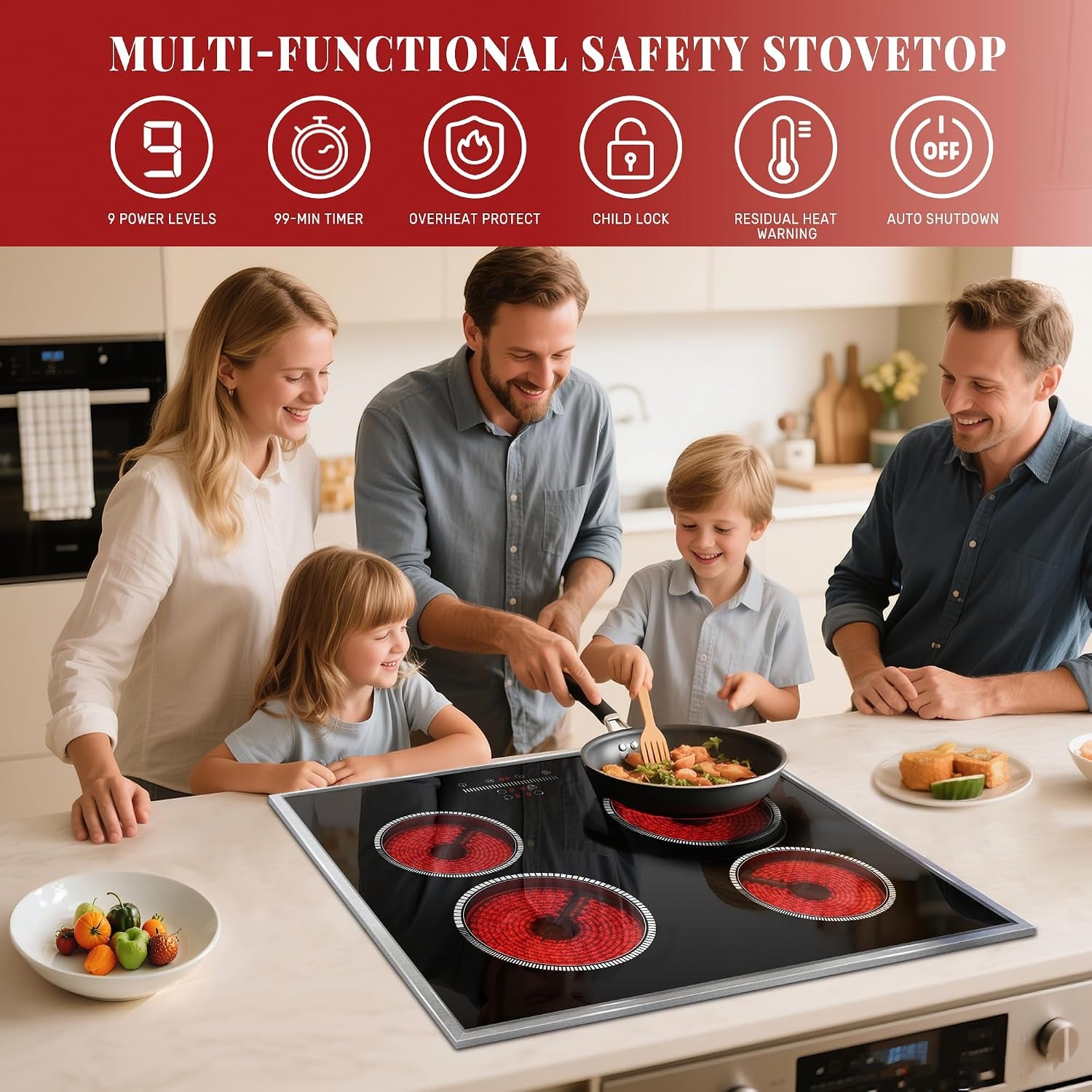 24 Inch Electric Cooktop 4 Burner Electric Stove, Slide Control | 24" Built-In Ceramic Stovetop, Timer, Child Lock, 9 Heating Level, 6000W, No Plug, 220-240V Hardwire