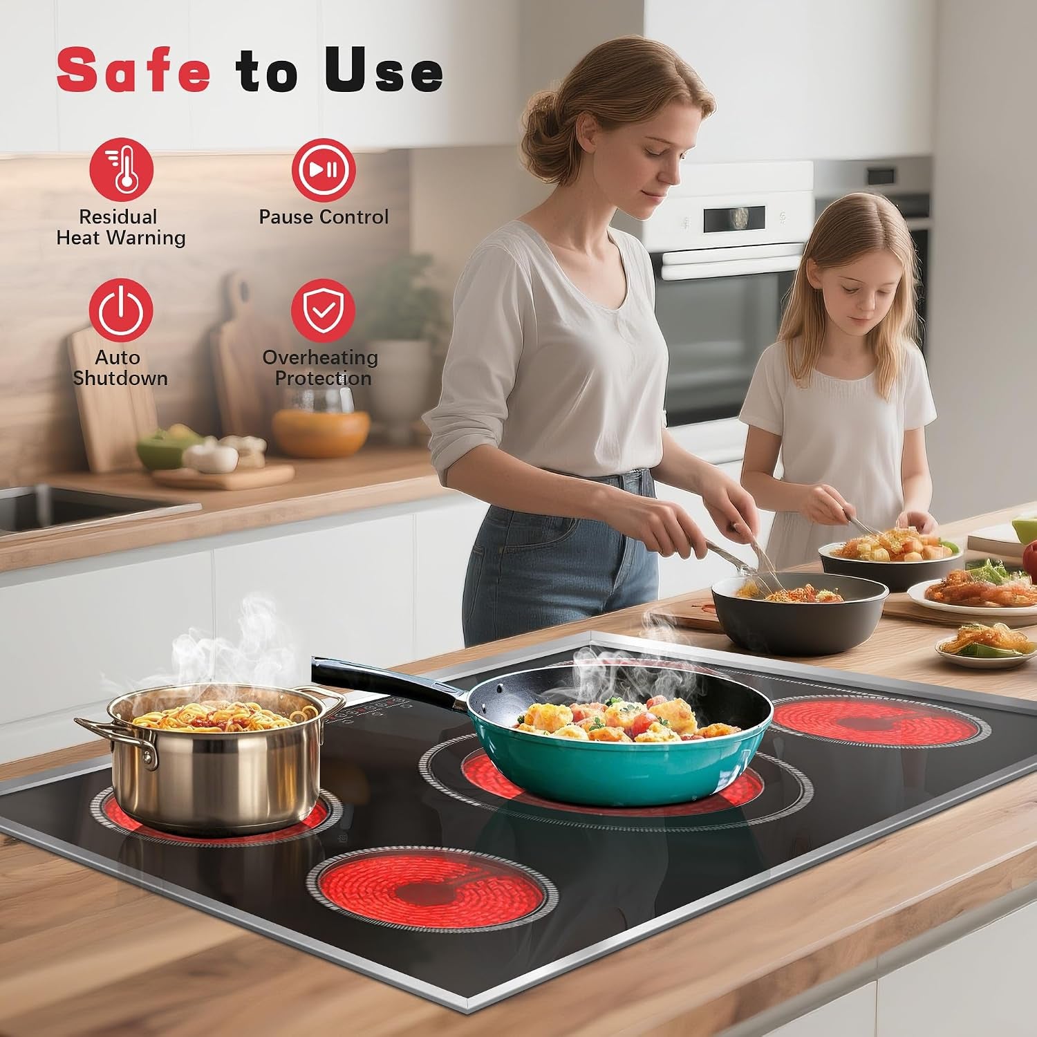 36 Inch Electric Cooktop, 5 Burner Stove Top Touch Control,220-240V | 36" Glass Ceramic Stove Top, 9600W, BBQ & Flexible Zone, Child Lock, Timer, Overheat Protection,220-240V Hard Wired (No Plug)