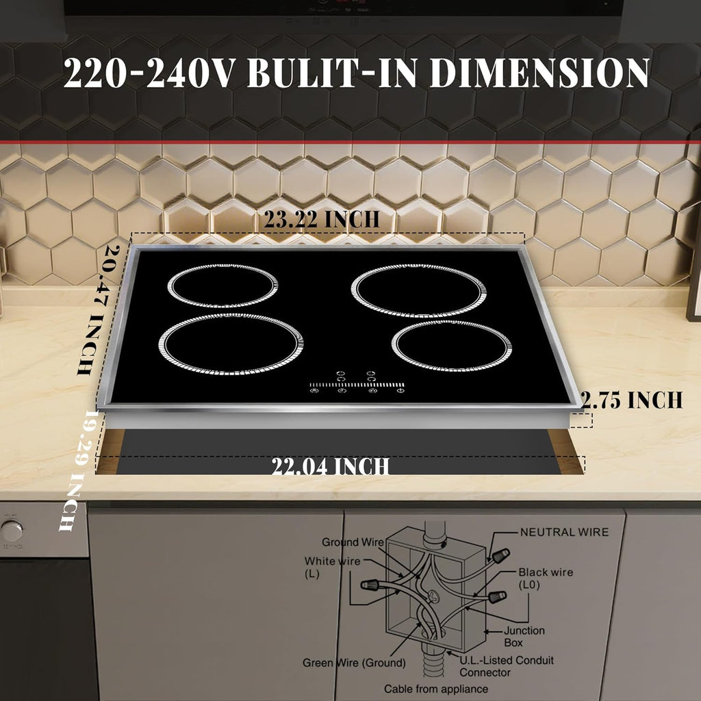 24 Inch Electric Cooktop 4 Burner Electric Stove, Slide Control | 24" Built-In Ceramic Stovetop, Timer, Child Lock, 9 Heating Level, 6000W, No Plug, 220-240V Hardwire