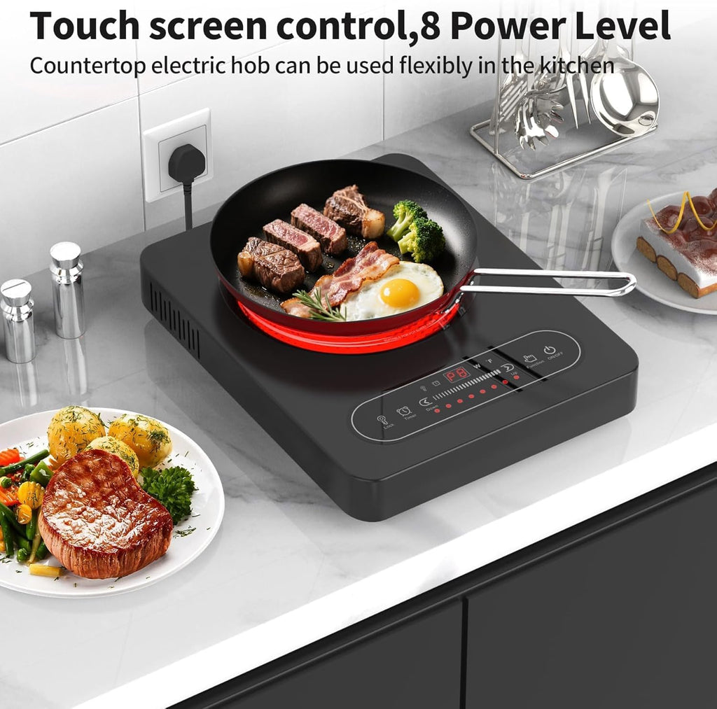 Portable Ceramic Hob, Pulg in Electric Hob, Portable Electric Hob with Digital LED Touch Controls, 8 Power Levels up to 2000W, 99 Mins Timer, 220-240V Cooktops with Plug