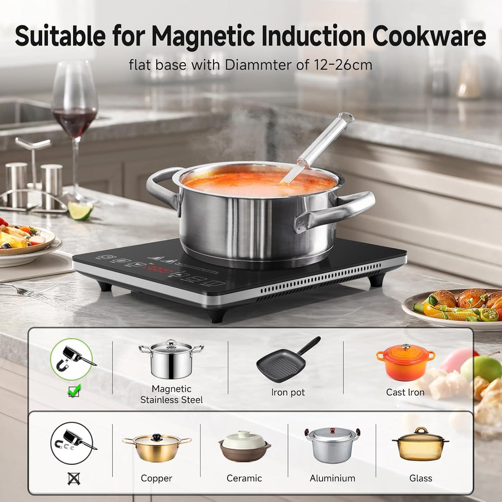 Single Induction Cooker, Ultra-Thin Induction Hob with Fashion Look, 20-Level Power and Temperature Control, Black Frosted Glass Panel, Touch Sensor, 3-Hour Timer, Safety Lock