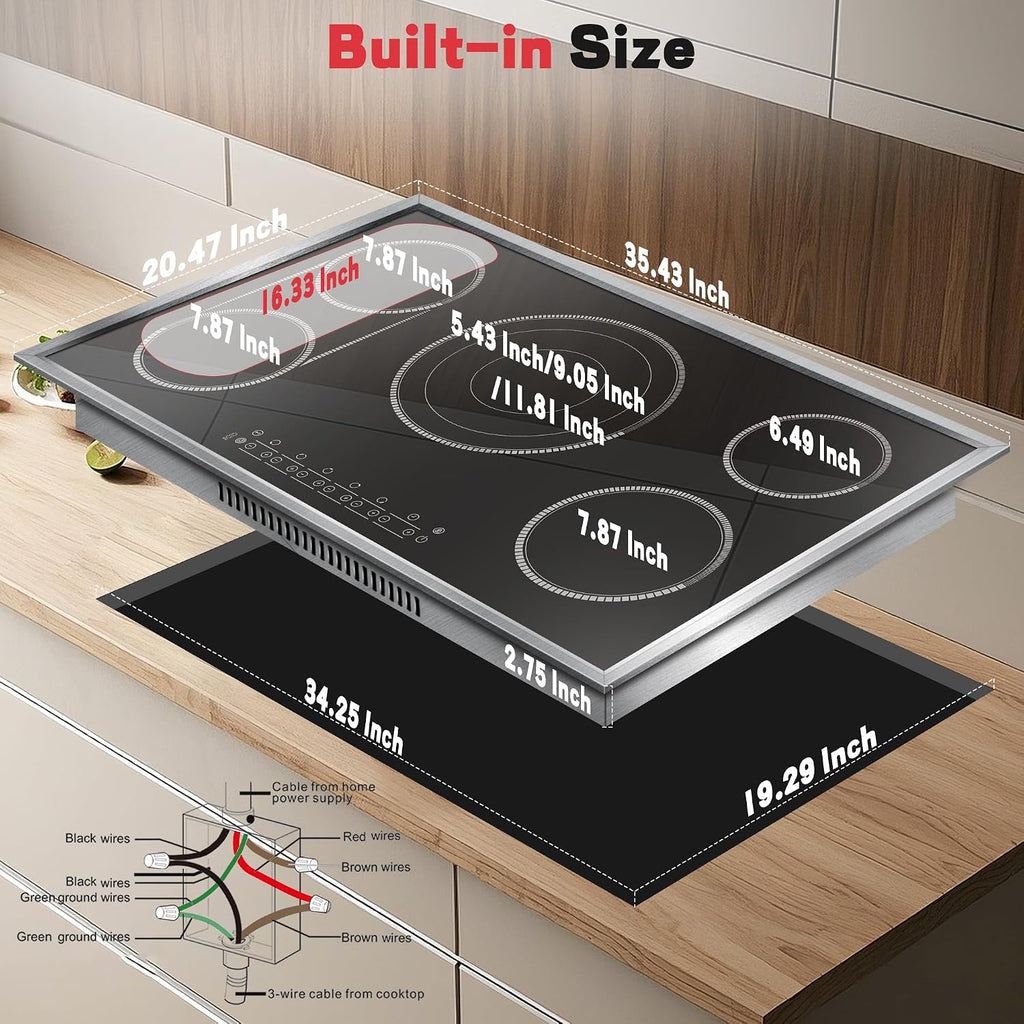 36 Inch Electric Cooktop, 5 Burner Stove Top Touch Control,220-240V | 36" Glass Ceramic Stove Top, 9600W, BBQ & Flexible Zone, Child Lock, Timer, Overheat Protection,220-240V Hard Wired (No Plug)