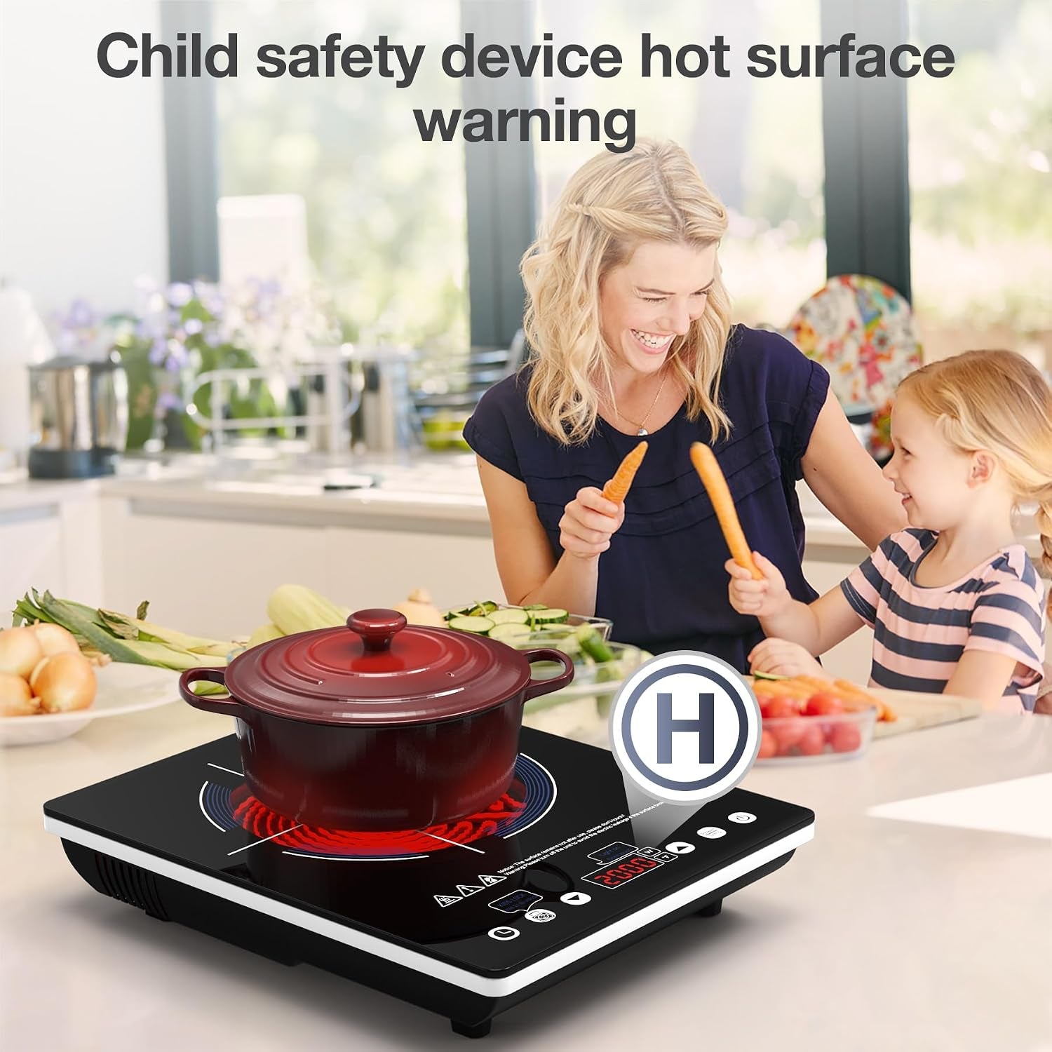 Portable Ceramic Hob 2000W, Pulg in Electric Ceramic Hob, Single Electric Hob with 4-Hour Timer, 10 Power Levels, Safety Lock & Sensor Touch, Residual Heat Remind, 220V-240V