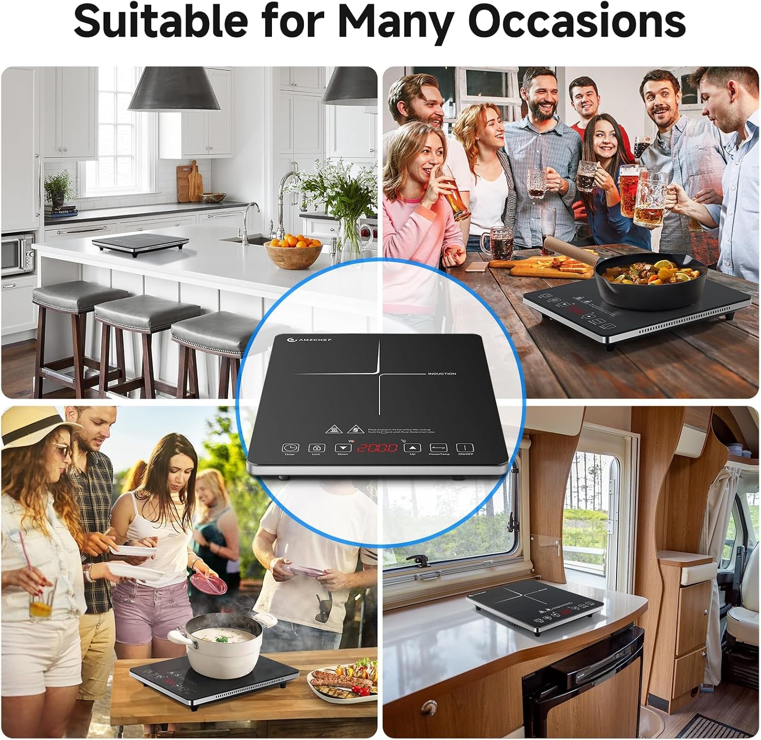 Single Induction Cooker, Ultra-Thin Induction Hob with Fashion Look, 20-Level Power and Temperature Control, Black Frosted Glass Panel, Touch Sensor, 3-Hour Timer, Safety Lock