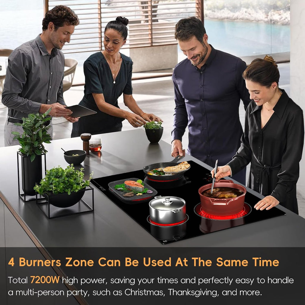 30 Inch Electric Cooktop 4 Burner Built-In Stove Touch Control, Hard Wire | 7200W Radiant Electric Stove, Ceramic Glass, 9 Level Power, 99 Min Timer, Safety Lock, 220-240V, for Family Party, Festival