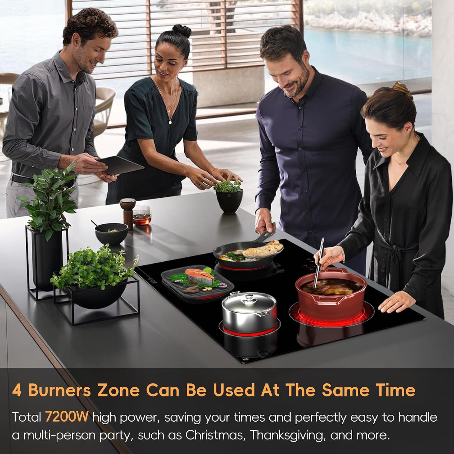 30 Inch Electric Cooktop 4 Burner Built-In Stove Touch Control, Hard Wire | 7200W Radiant Electric Stove, Ceramic Glass, 9 Level Power, 99 Min Timer, Safety Lock, 220-240V, for Family Party, Festival