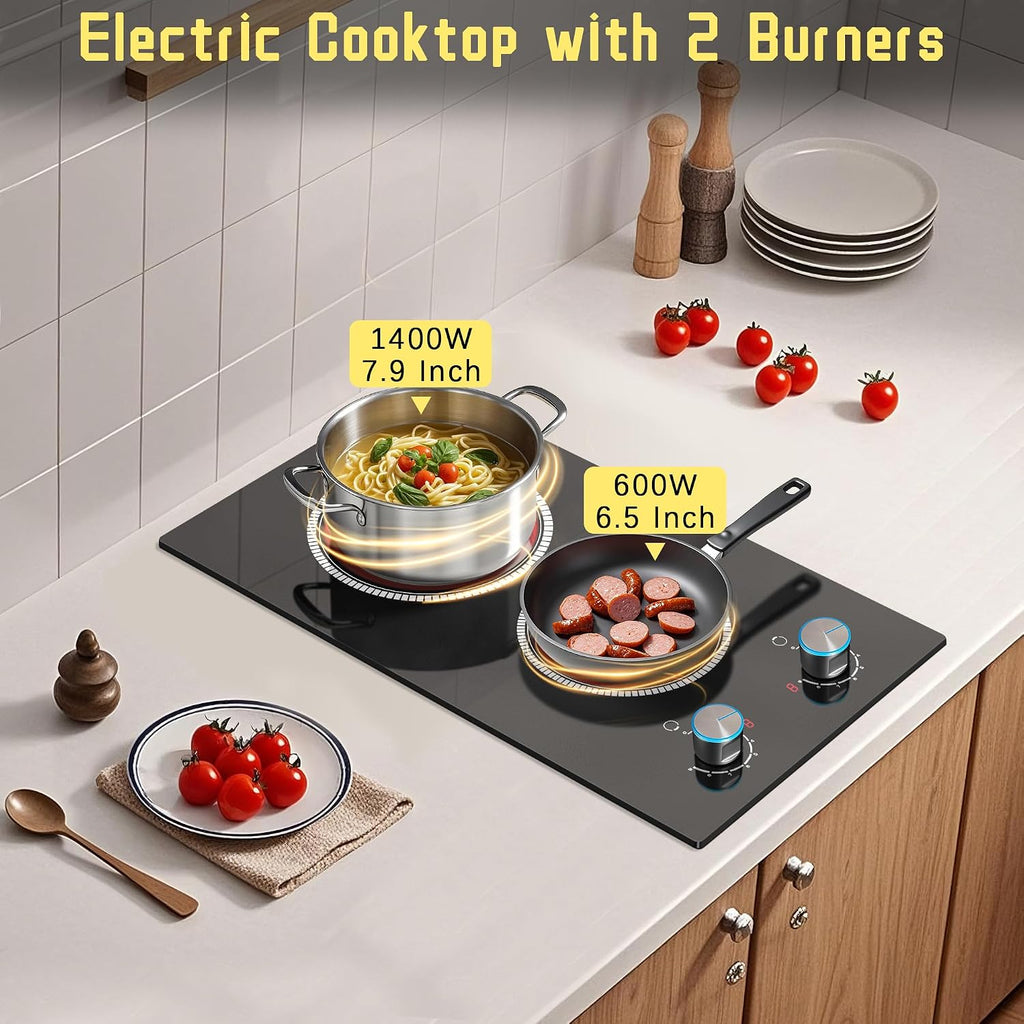2 Burner Electric Cooktop 110V, Knob 12 Inch Electric Stove Top | 120V Stove Top Burner Knob Control, 2000W Countertop Stove, Timer, 9 Heating Levels, Overheat Protection, High-Temp Alarm