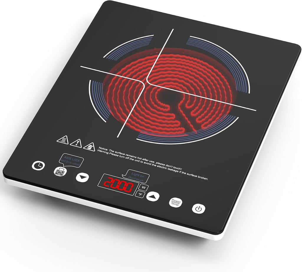 Portable Ceramic Hob 2000W, Pulg in Electric Ceramic Hob, Single Electric Hob with 4-Hour Timer, 10 Power Levels, Safety Lock & Sensor Touch, Residual Heat Remind, 220V-240V