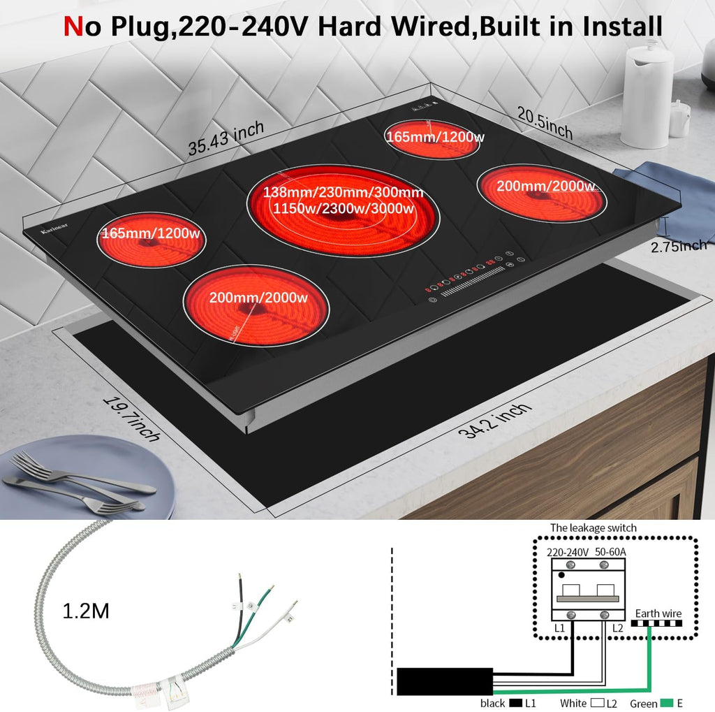 36 Inch Electric Cooktop, 5 Burners Electric Stove Top, Drop-In | Built-In Glass Radiant Ceramic Cooktop, Expandable Zones, Lock, Timer, Pause,9200W 220~240V Hardwire, No Plug, Sensor Touch
