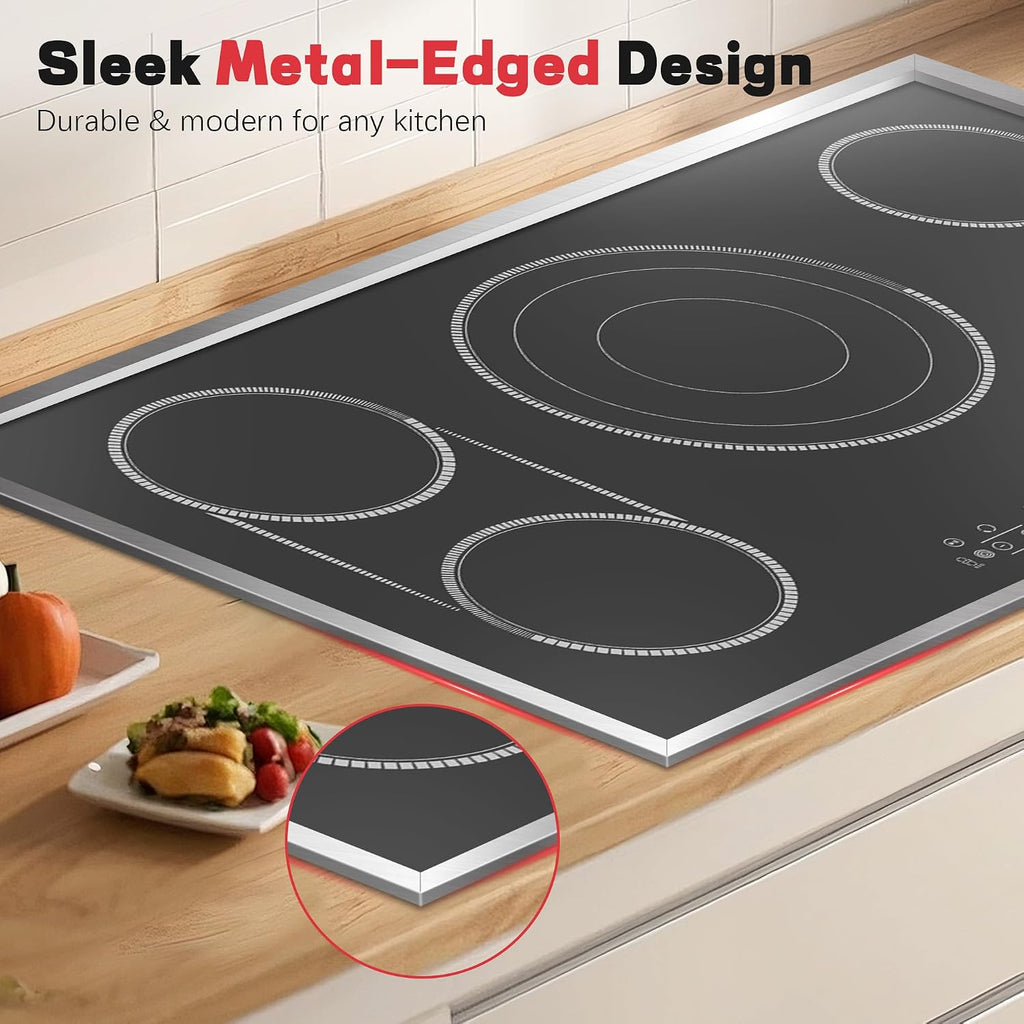 36 Inch Electric Cooktop, 5 Burner Stove Top Touch Control,220-240V | 36" Glass Ceramic Stove Top, 9600W, BBQ & Flexible Zone, Child Lock, Timer, Overheat Protection,220-240V Hard Wired (No Plug)