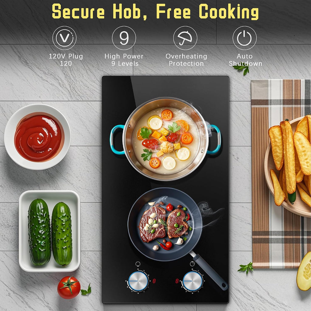 2 Burner Electric Cooktop 110V, Knob 12 Inch Electric Stove Top | 120V Stove Top Burner Knob Control, 2000W Countertop Stove, Timer, 9 Heating Levels, Overheat Protection, High-Temp Alarm