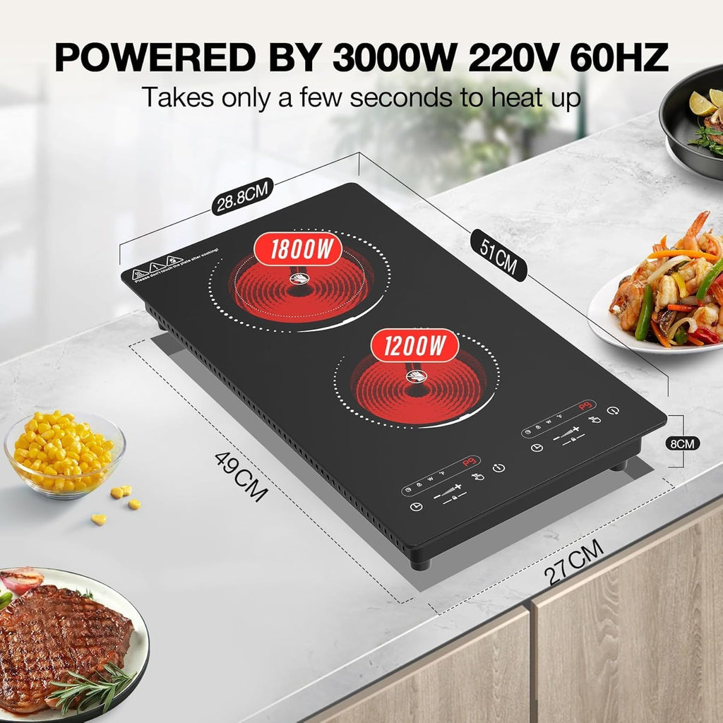 Double Ceramic Hob 3000W, Plug in 2 Ring Electric Hob with LCD Touch Control, Electric Cooktop with Safety Lock & Timer, 9 Power Levels, Built-In and Countertop 220V-240V
