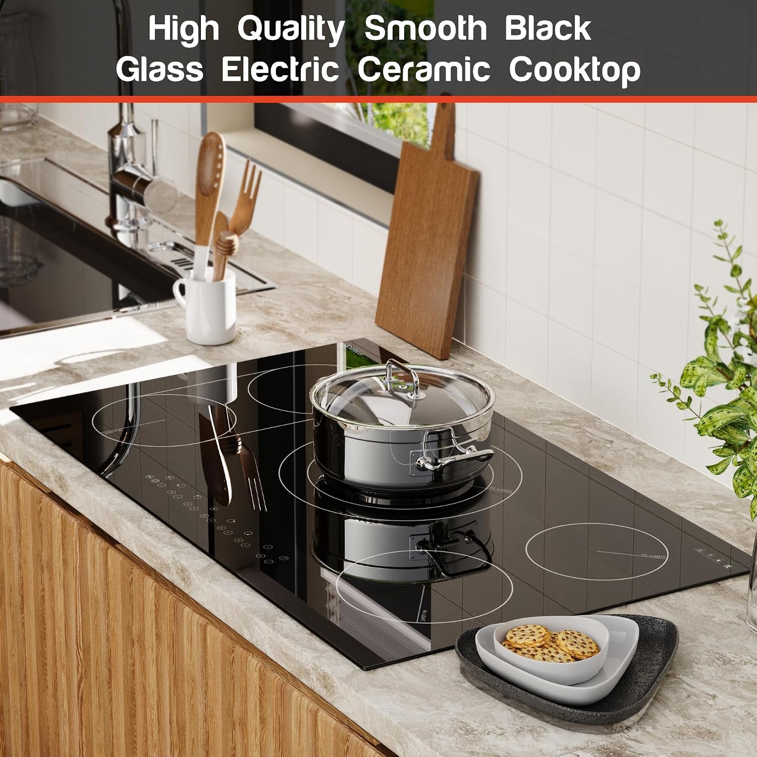 90Cm Ceramic Hob, 5 Zone Electric Hob, Flexible Bridge & Triple Ring Expandable Burners, Pause, Timer, Safety Lock, 9600W Built-In Ceramic Cooker for 220-240V Hard Wire