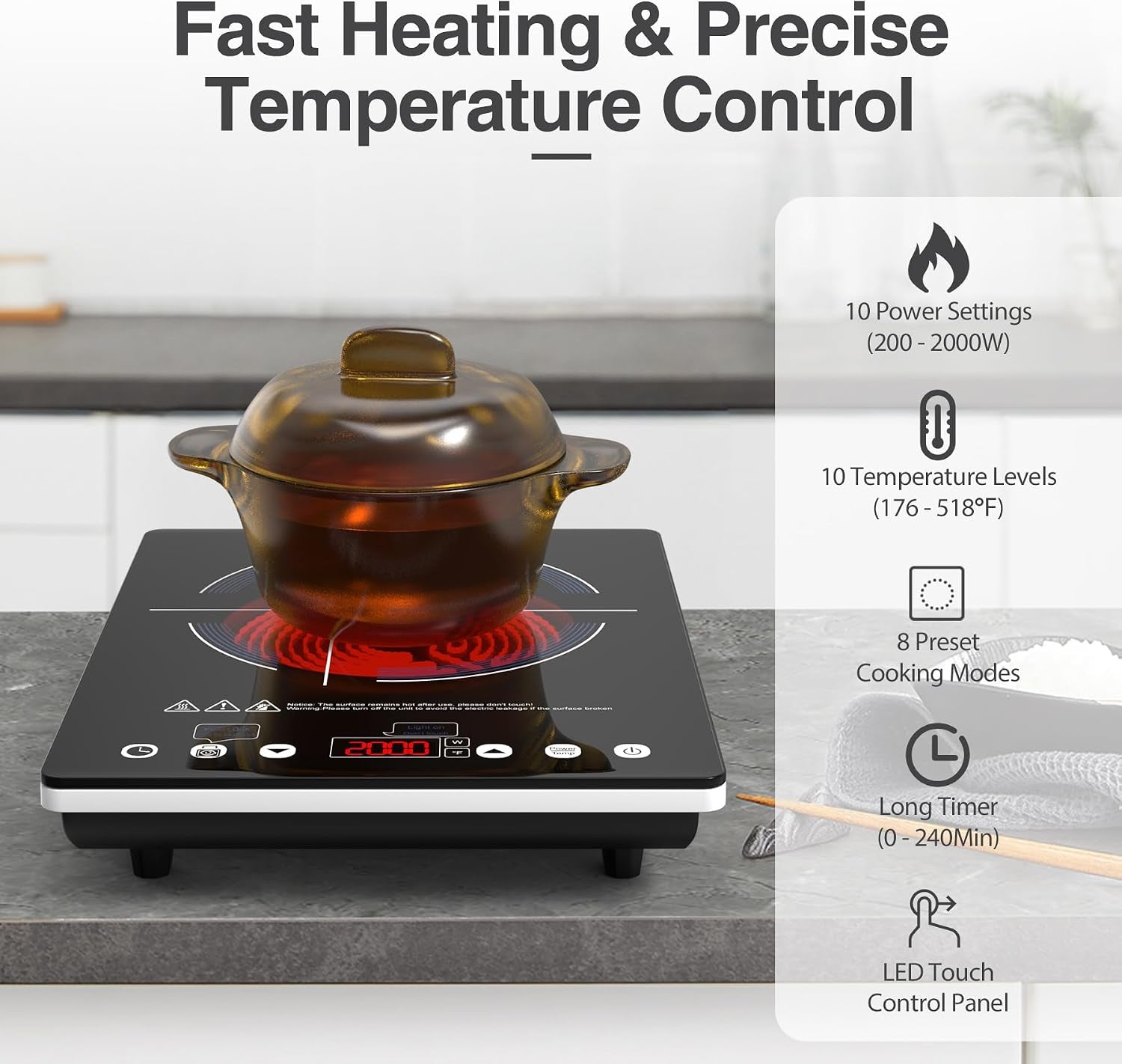 Portable Ceramic Hob 2000W, Pulg in Electric Ceramic Hob, Single Electric Hob with 4-Hour Timer, 10 Power Levels, Safety Lock & Sensor Touch, Residual Heat Remind, 220V-240V