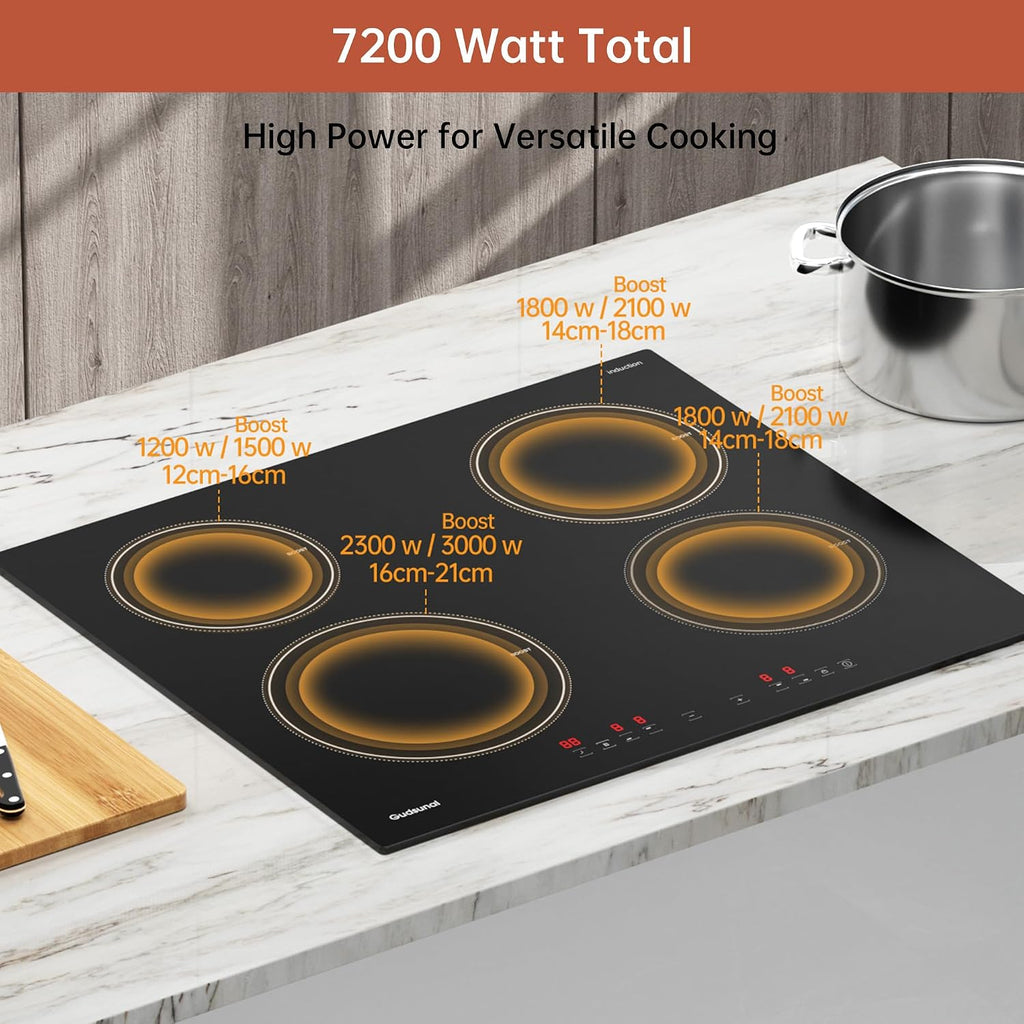 Induction Hob, 4 Cooking Zone, 60 Cm, 7200W, Continuous Low Power Heating, Booster, 9 Heat Levels, Timer, Auto Shut-Off, Child Safety Lock, Pan Sensor,Hard Wired, No Plug