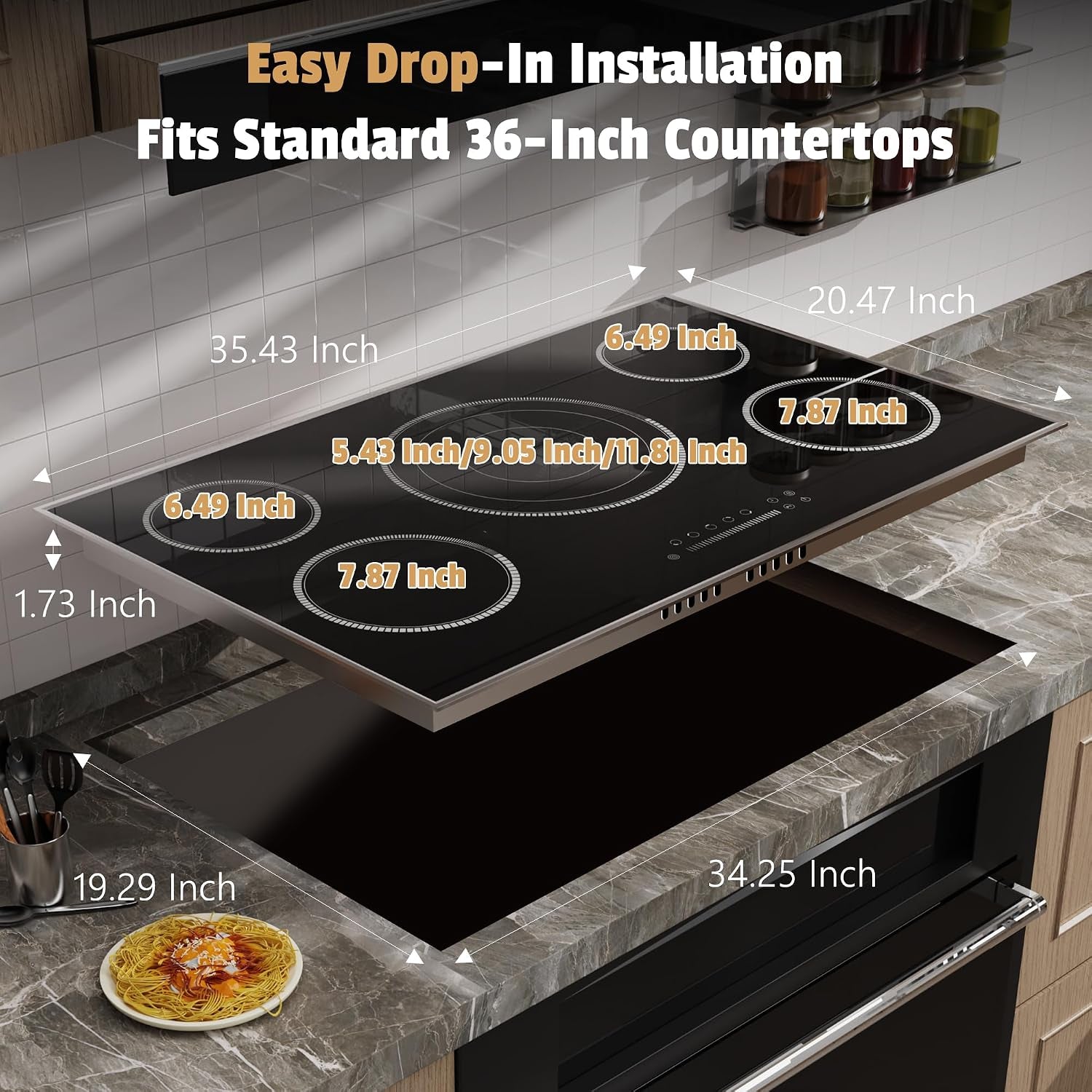 36 Inch Electric Cooktop, 5 Burner Stove Top with Slide Control | 9200W Electric Stove with Child Lock, Timer, Pause Function 36" Glass Cooktop, Sensor Touch, 220-240V Hard Wire, No Plug