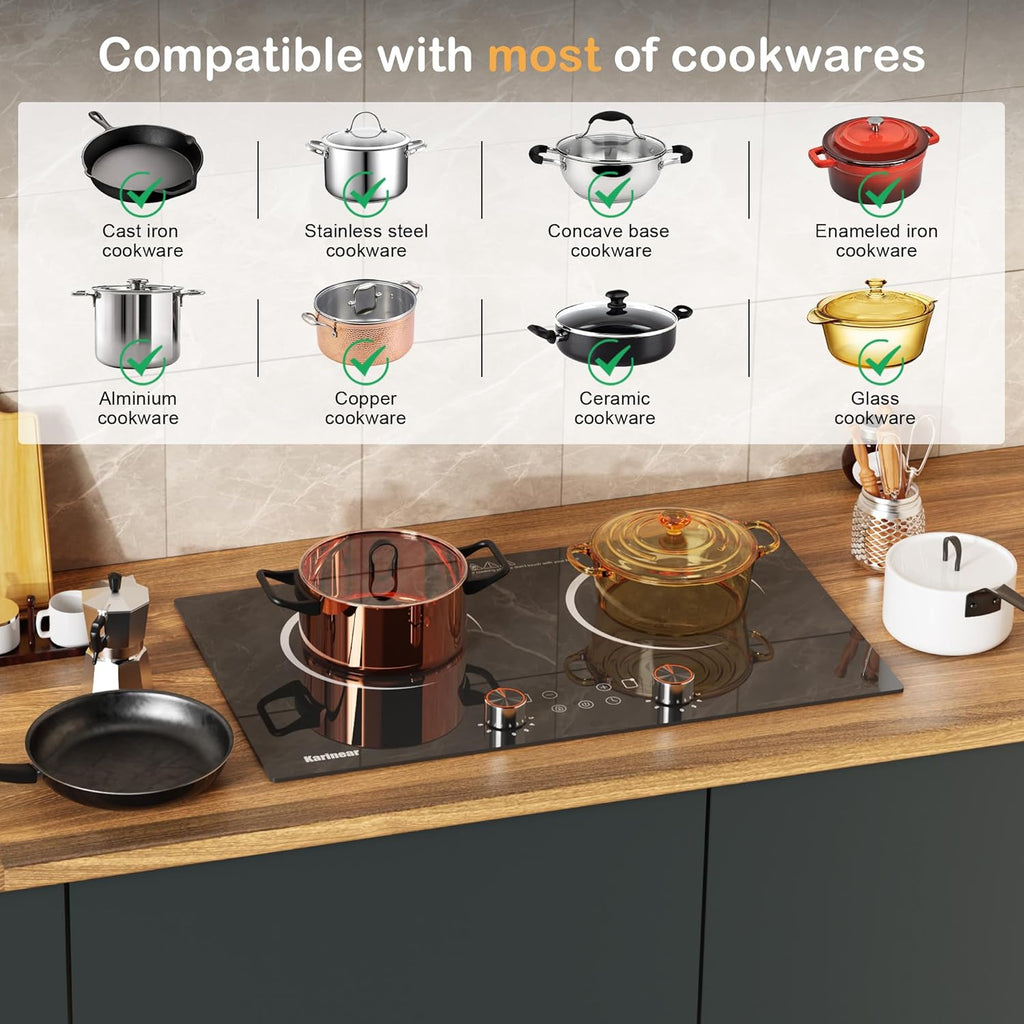 Electric Cooktop 2 Burner, 110V Electri Stove Top, Knob Control | 2000W 110V Outlet Plug-In Electric Hot Plate, Countertop or Built-In Install, Timer, Safety Lock, 9 Power Level, 24 Inch