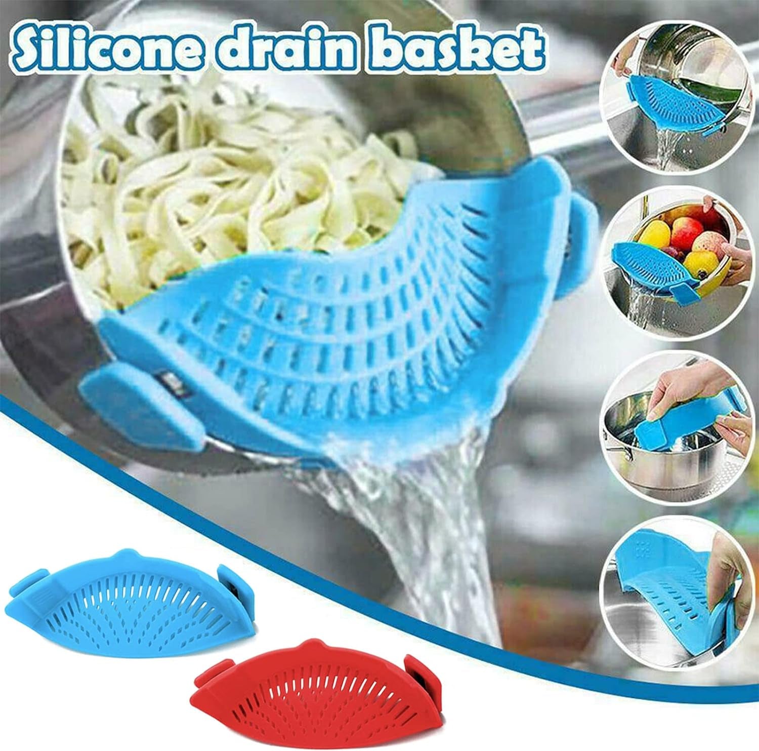 Set of 2 Silicone Clip-On Strainers for Pasta, Meat, Vegetables, and Fruit - Compatible with All Pots and Bowls