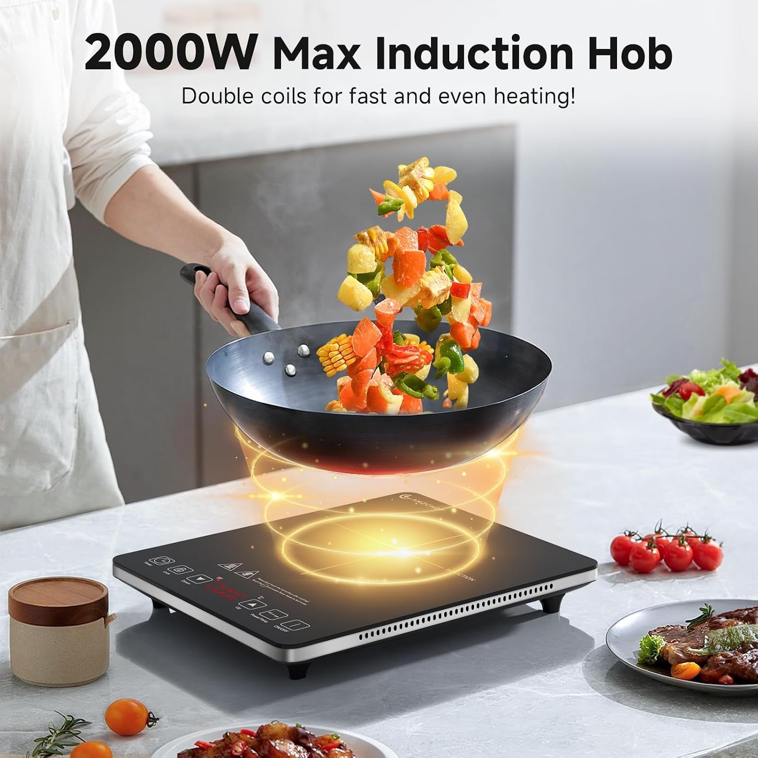 Single Induction Cooker, Ultra-Thin Induction Hob with Fashion Look, 20-Level Power and Temperature Control, Black Frosted Glass Panel, Touch Sensor, 3-Hour Timer, Safety Lock