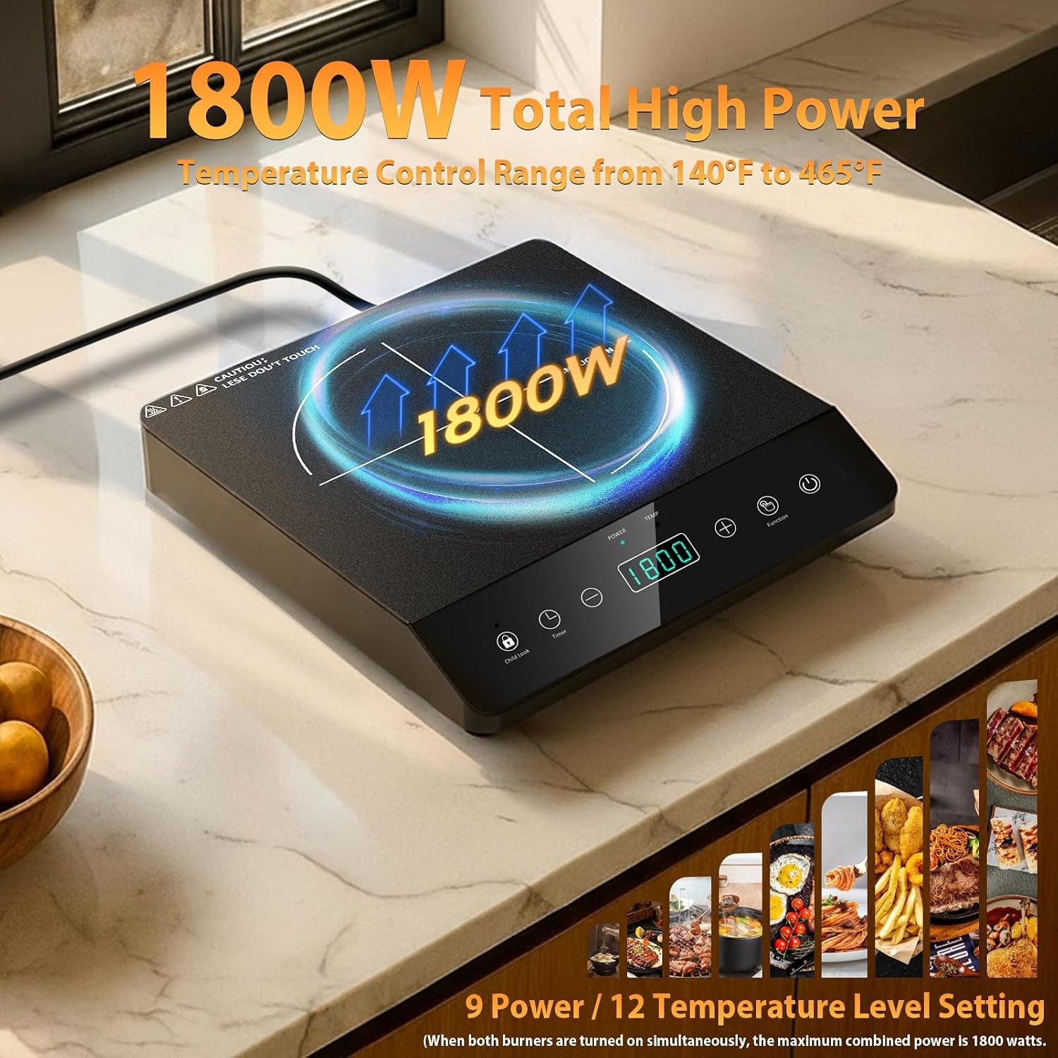 Single Burner Induction Cooktop, Etl-Certified 1800W Portable Induction Cooktop Large 8 Inch Heating Coil, 12 Temp Settings up to 465℉ Electric Stove Hot Plate with 3 Hour Timer, Safety Lock