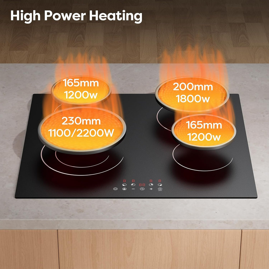24 Inch Electric Cooktop 4 Burners 6400W Dual Heating Ring | Built-In Ceramic Radiant Stove Top with 9 Heat Levels & 99Min Timer, 220-240V Hard Wire (No Plug), Touch Control, Child Lock