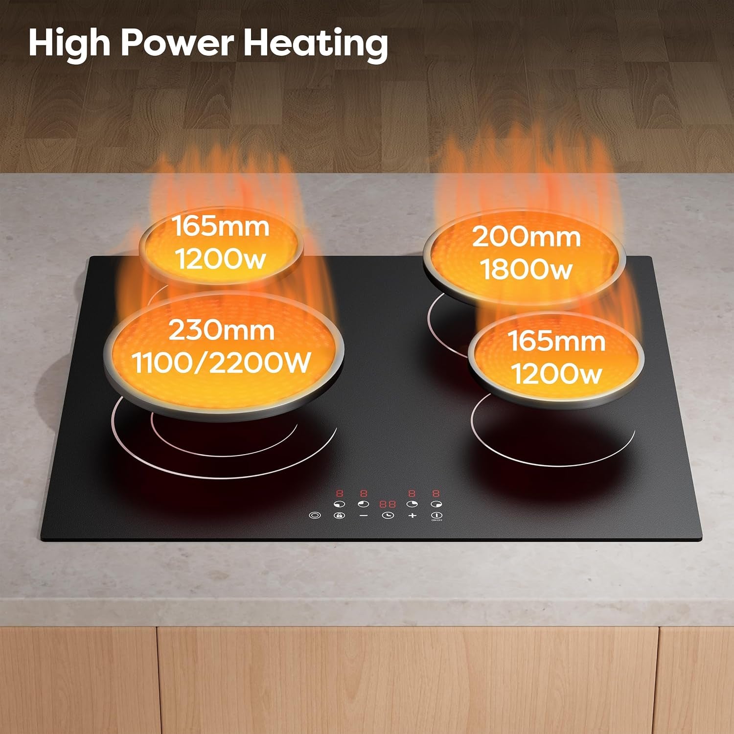 24 Inch Electric Cooktop 4 Burners 6400W Dual Heating Ring | Built-In Ceramic Radiant Stove Top with 9 Heat Levels & 99Min Timer, 220-240V Hard Wire (No Plug), Touch Control, Child Lock