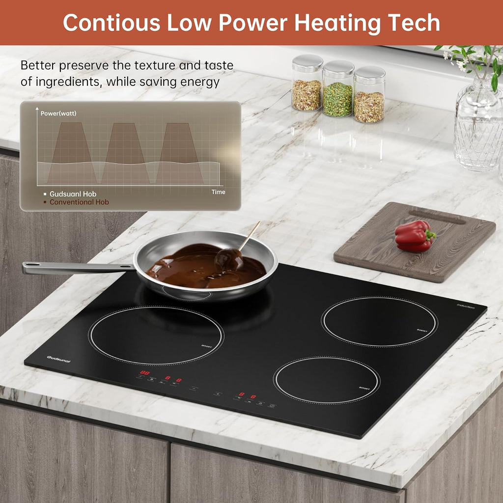 Induction Hob, 4 Cooking Zone, 60 Cm, 7200W, Continuous Low Power Heating, Booster, 9 Heat Levels, Timer, Auto Shut-Off, Child Safety Lock, Pan Sensor,Hard Wired, No Plug
