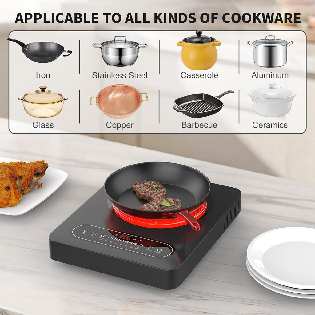 Portable Ceramic Hob, Pulg in Electric Hob, Portable Electric Hob with Digital LED Touch Controls, 8 Power Levels up to 2000W, 99 Mins Timer, 220-240V Cooktops with Plug