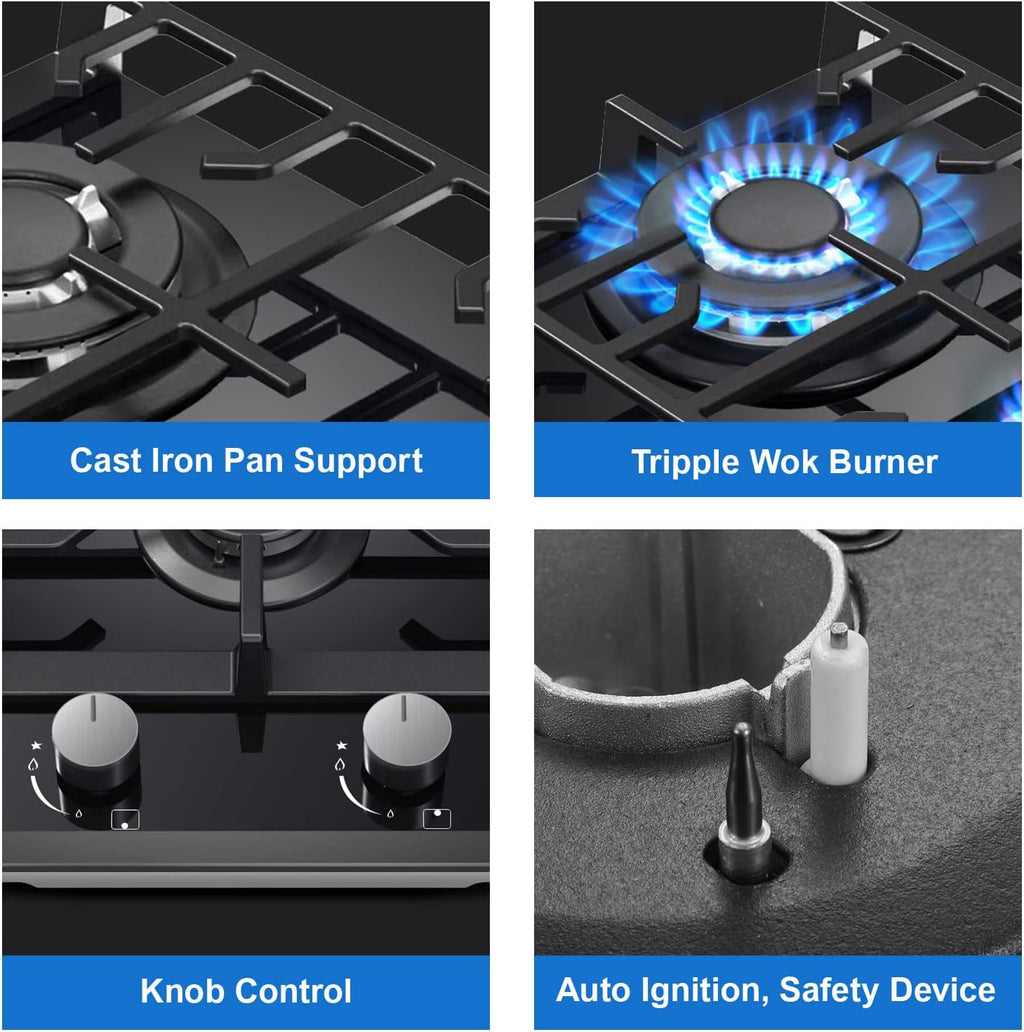 Gas Hob 2 Burners, 30Cm Built in 2 Burners Gas on Glass Hob, NG/LPG Convertible, Flame Out Protection, Cast Iron Supports, 5200W