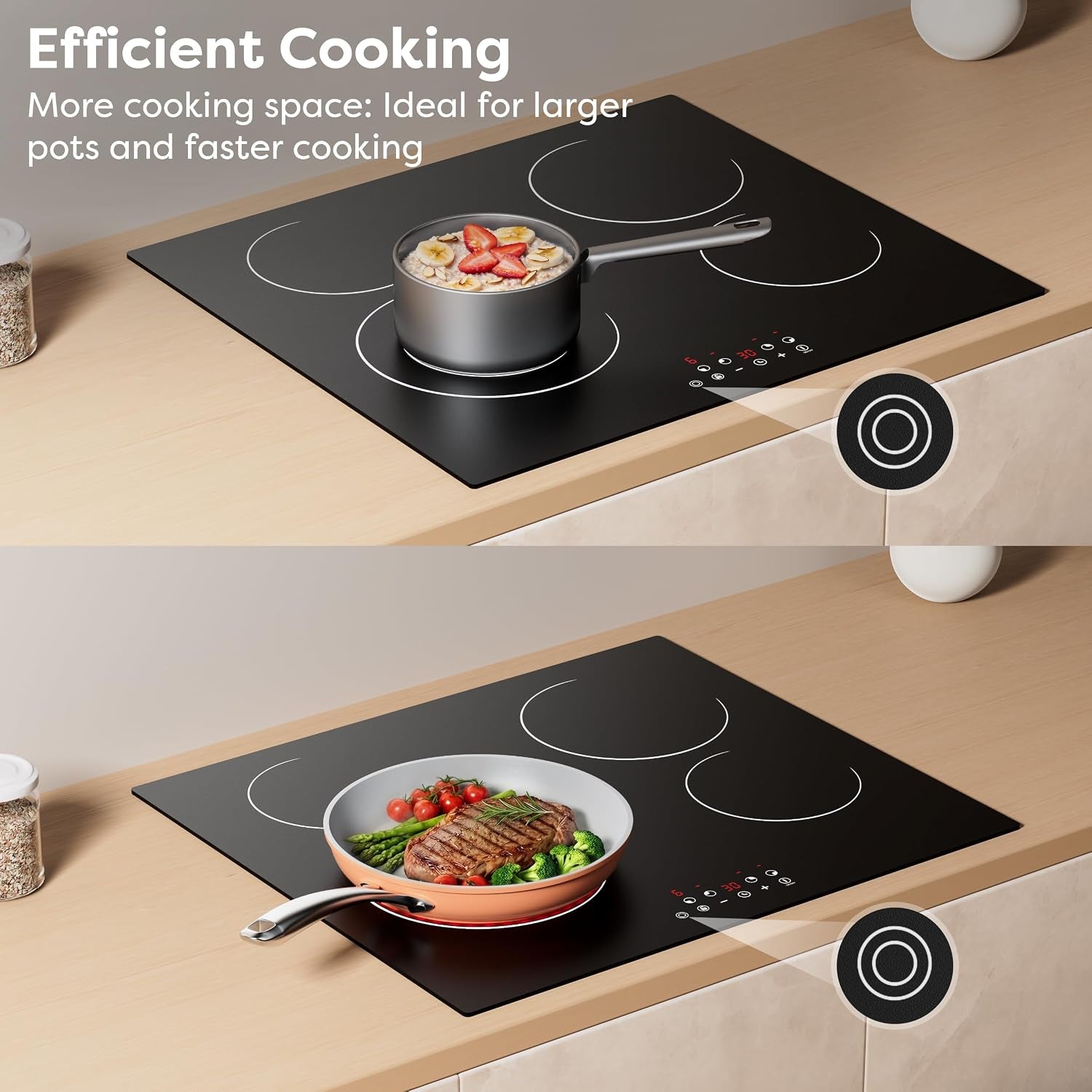 24 Inch Electric Cooktop 4 Burners 6400W Dual Heating Ring | Built-In Ceramic Radiant Stove Top with 9 Heat Levels & 99Min Timer, 220-240V Hard Wire (No Plug), Touch Control, Child Lock