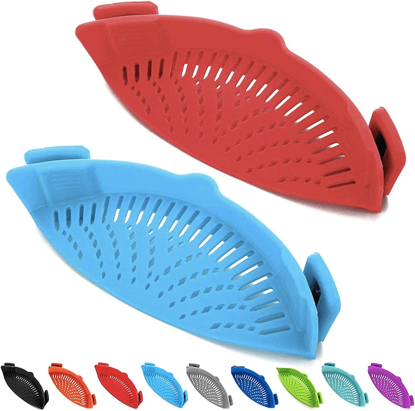 Set of 2 Silicone Clip-On Strainers for Pasta, Meat, Vegetables, and Fruit - Compatible with All Pots and Bowls