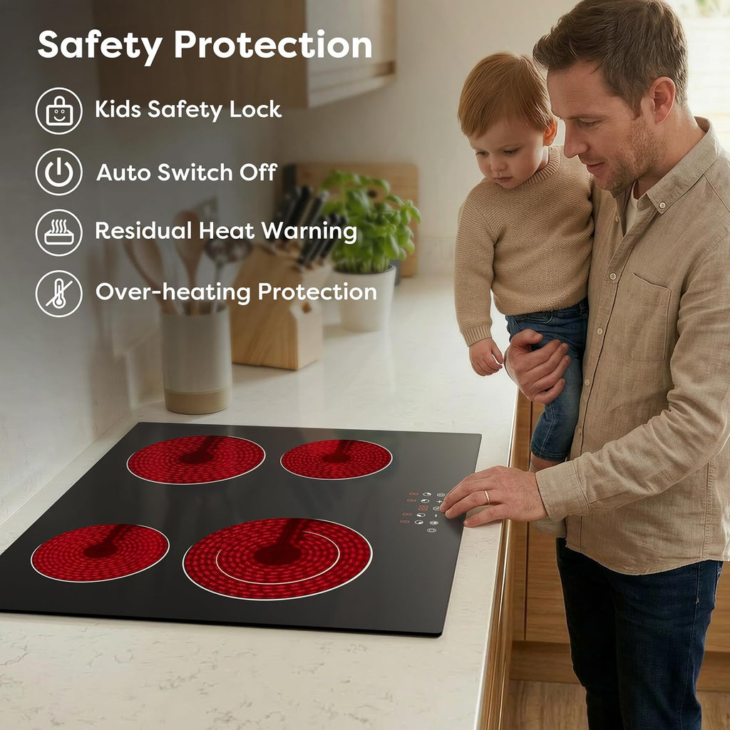 24 Inch Electric Cooktop 4 Burners 6400W Dual Heating Ring | Built-In Ceramic Radiant Stove Top with 9 Heat Levels & 99Min Timer, 220-240V Hard Wire (No Plug), Touch Control, Child Lock