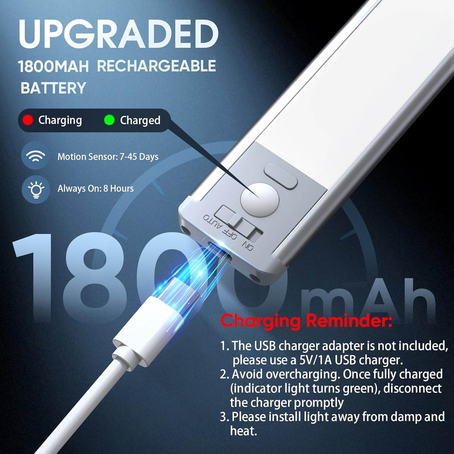 10-Inch Rechargeable Motion Sensor Under Cabinet Lighting - 2 Pack, 5-Level Dimmable Magnetic Wireless Lights for Indoor Use in Kitchen and Stairs