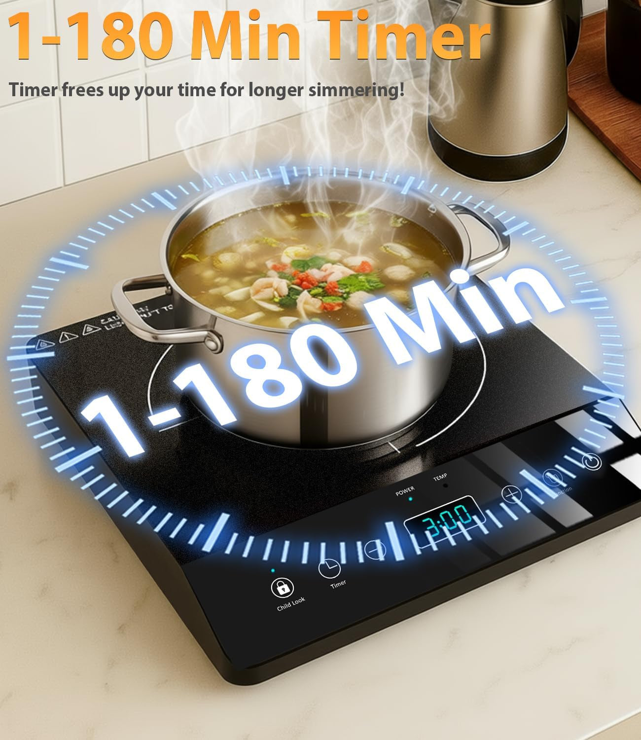 Single Burner Induction Cooktop, Etl-Certified 1800W Portable Induction Cooktop Large 8 Inch Heating Coil, 12 Temp Settings up to 465℉ Electric Stove Hot Plate with 3 Hour Timer, Safety Lock