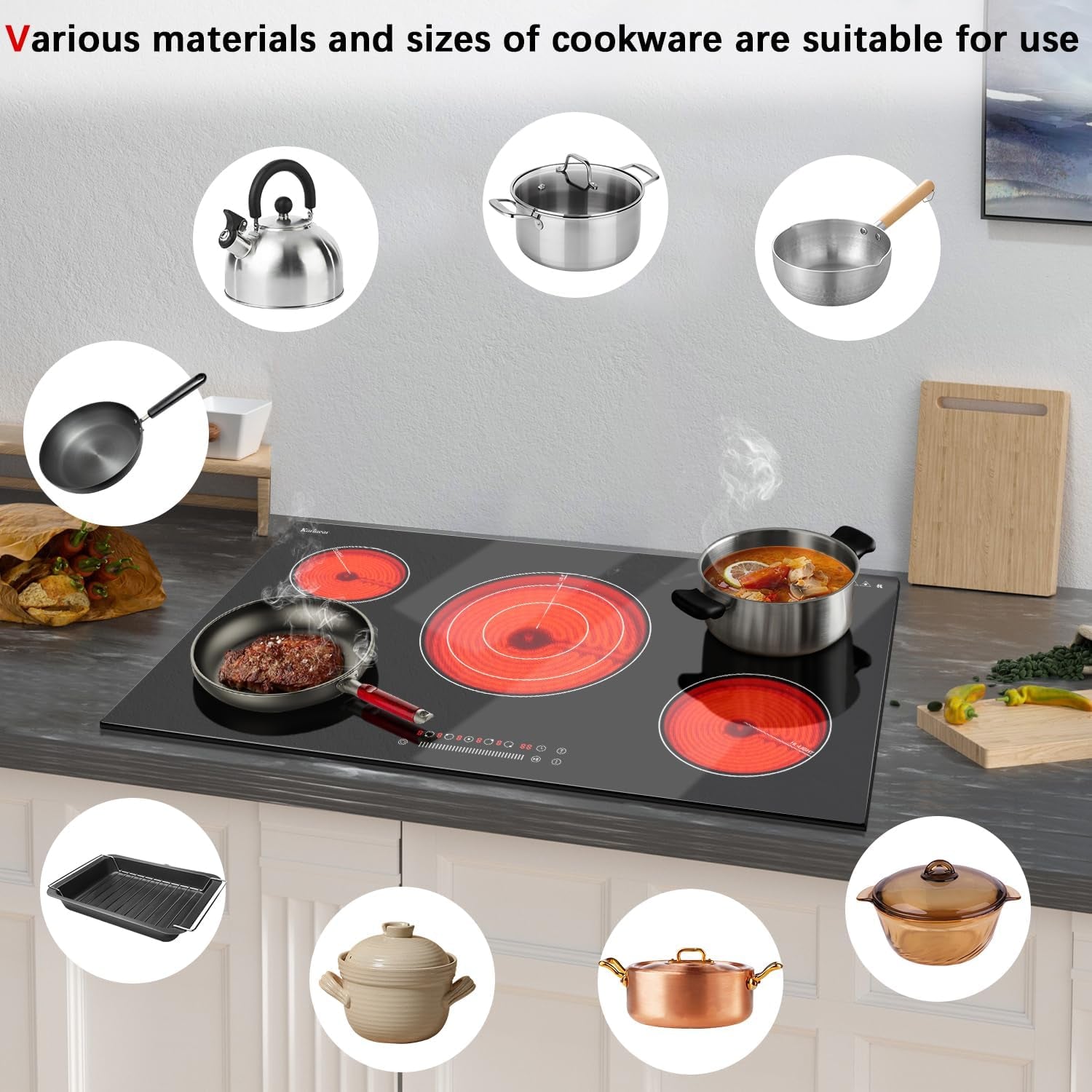 36 Inch Electric Cooktop, 5 Burners Electric Stove Top, Drop-In | Built-In Glass Radiant Ceramic Cooktop, Expandable Zones, Lock, Timer, Pause,9200W 220~240V Hardwire, No Plug, Sensor Touch
